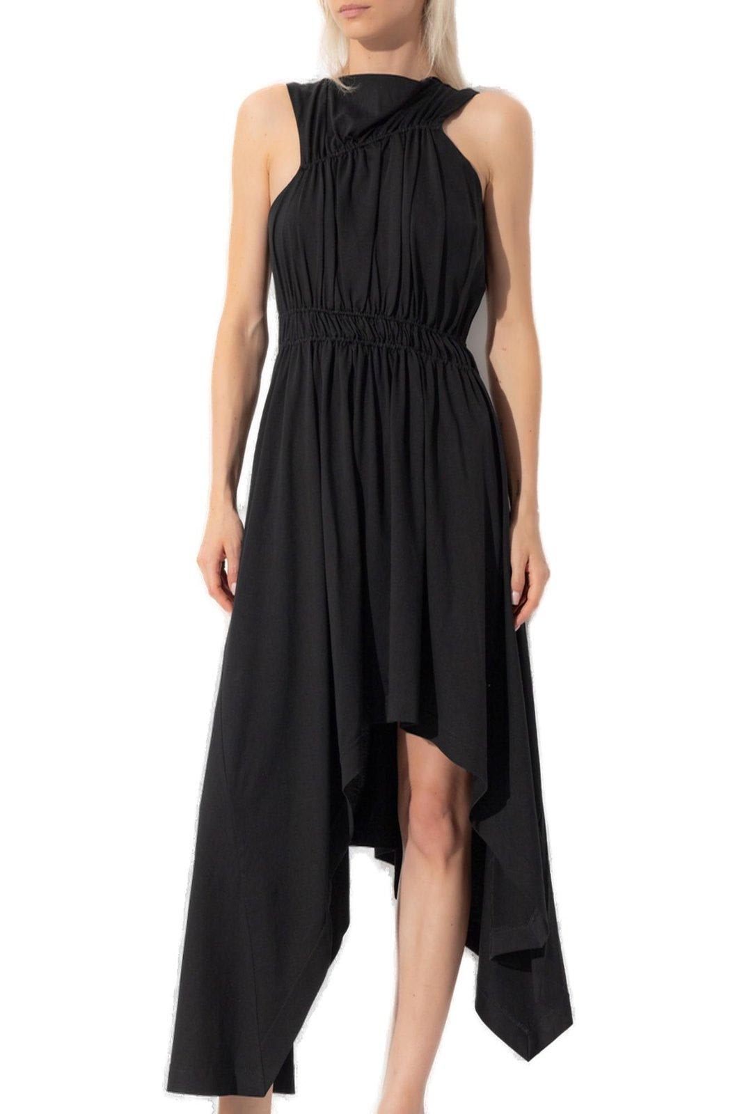 Alexander Mcqueen Gathered Asymmetric Cotton Jersey Midi Dress In Nero