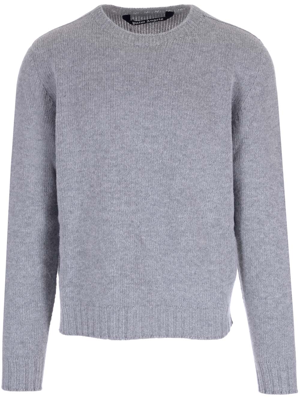 Shop Palm Angels Grey Wool Sweater With White Curved Logo On The Back