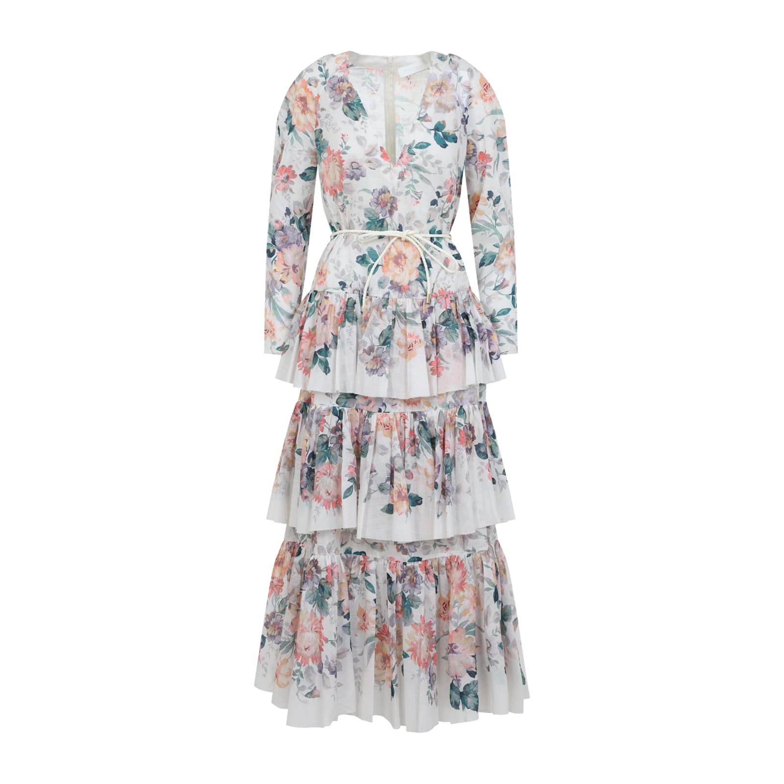 Zimmermann Beige Acacia Printed Cotton Long Dress In Cmfl Cream Multi Floral
