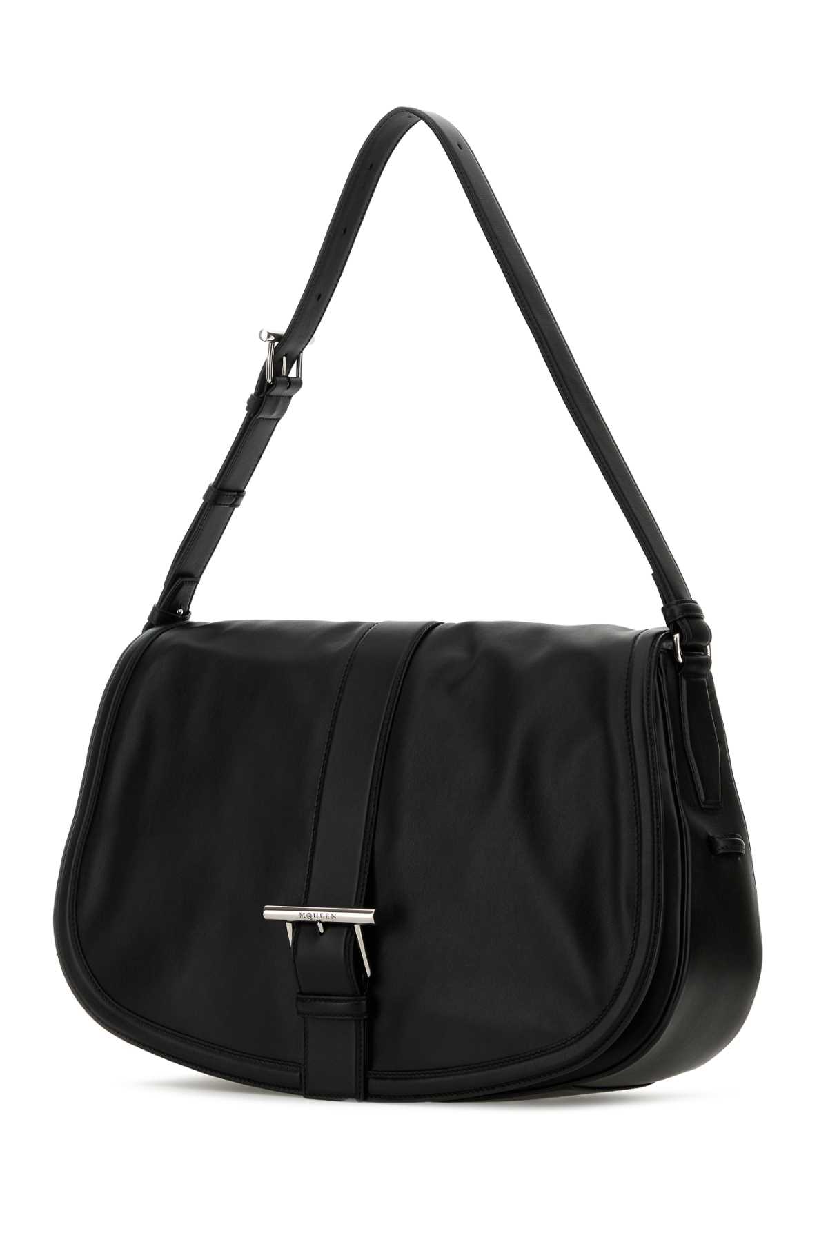 Alexander Mcqueen Black Leather Maxi Satchel Shoulder Bag In Blacksilver
