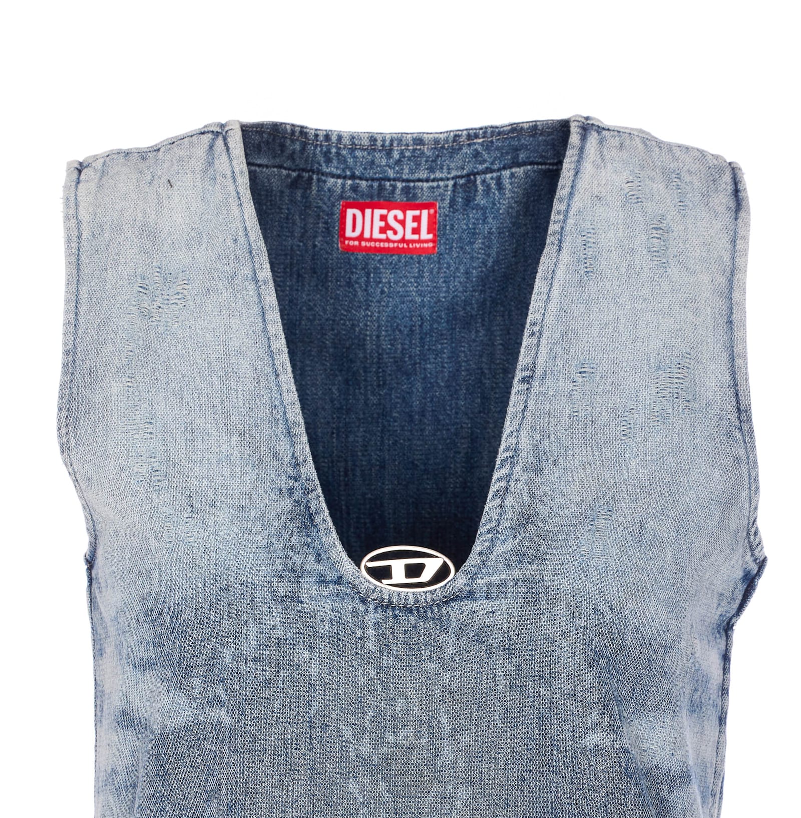 Diesel Sleeveless V-neck Distressed Denim Dress In Blue