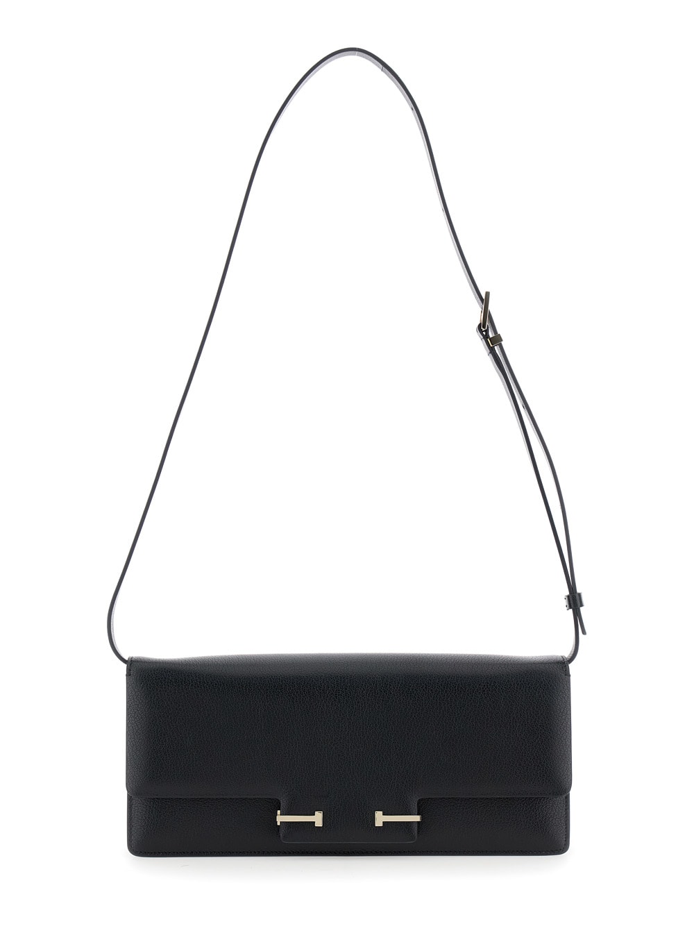 Tom Ford Black Crossbody Bag With Adjustable Shoulder Strap And T Plaque Closure In Grained Leather Woman In Black