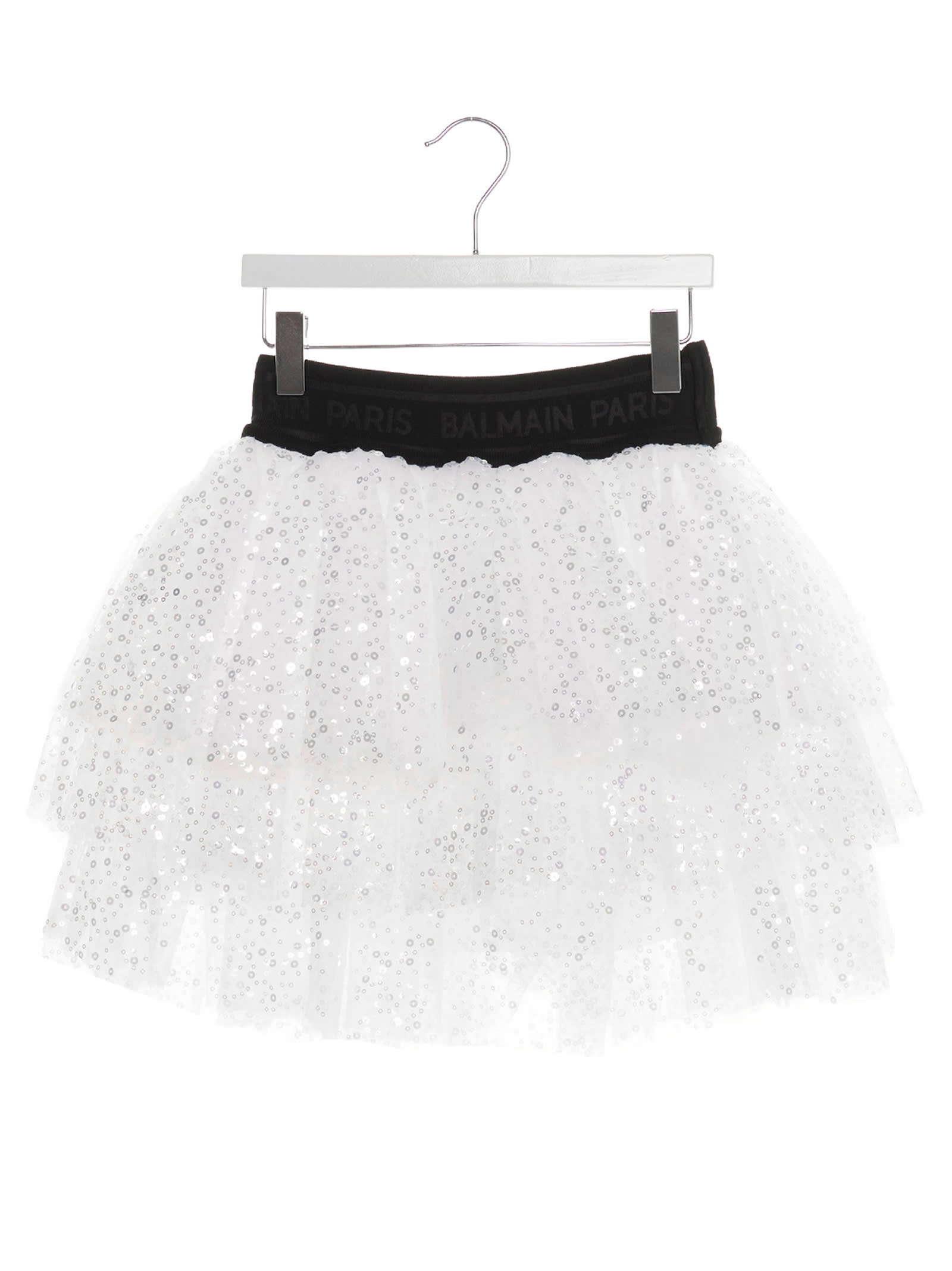 Balmain Kid White And Black Flounced Skirt With Sequins In Black&white 