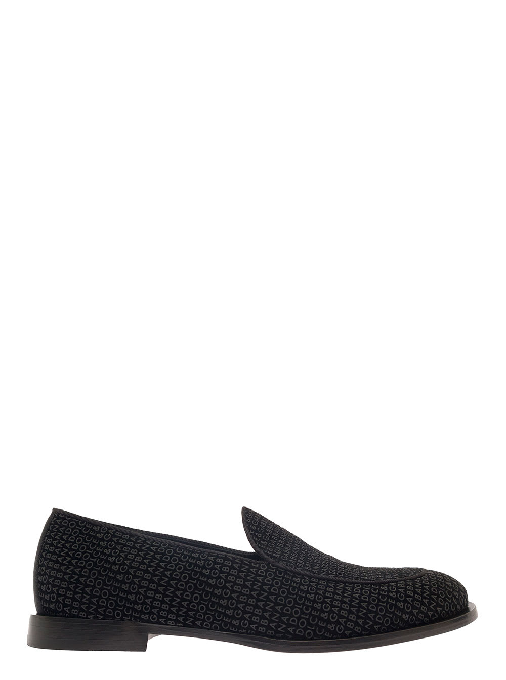 Shop Dolce & Gabbana Vivaldi Black Loafers With All-over Logo Lettering In Velvet Man