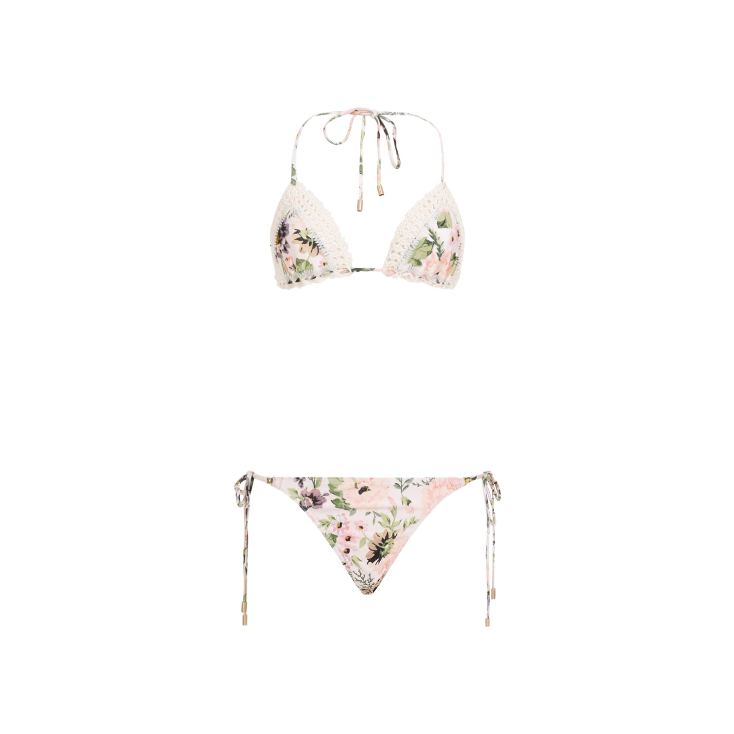 Shop Zimmermann Halliday Crochet Triangle Bikini In Cream Floral Multi