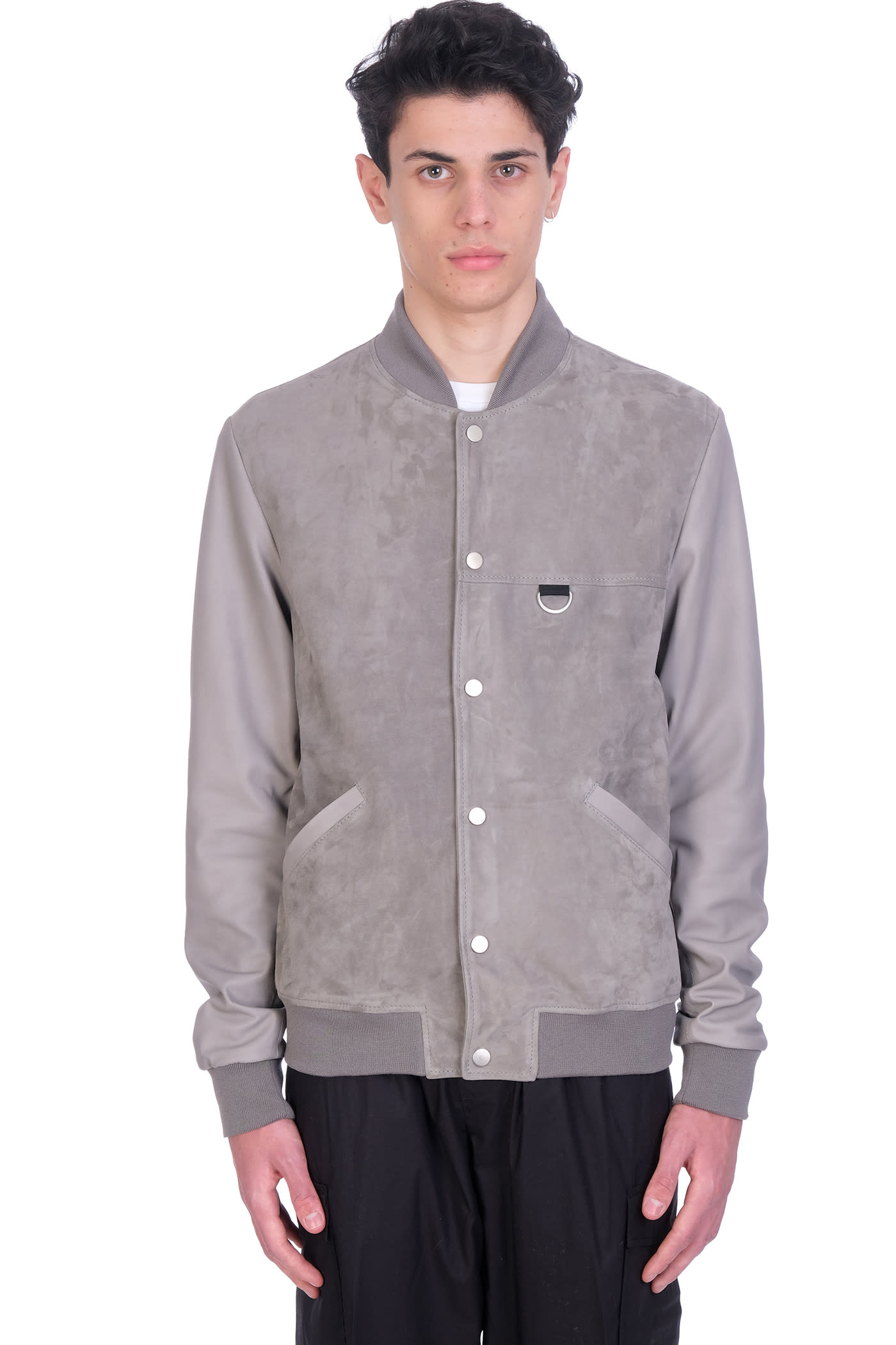 Low Brand Bomber In Grey Suede And Leather