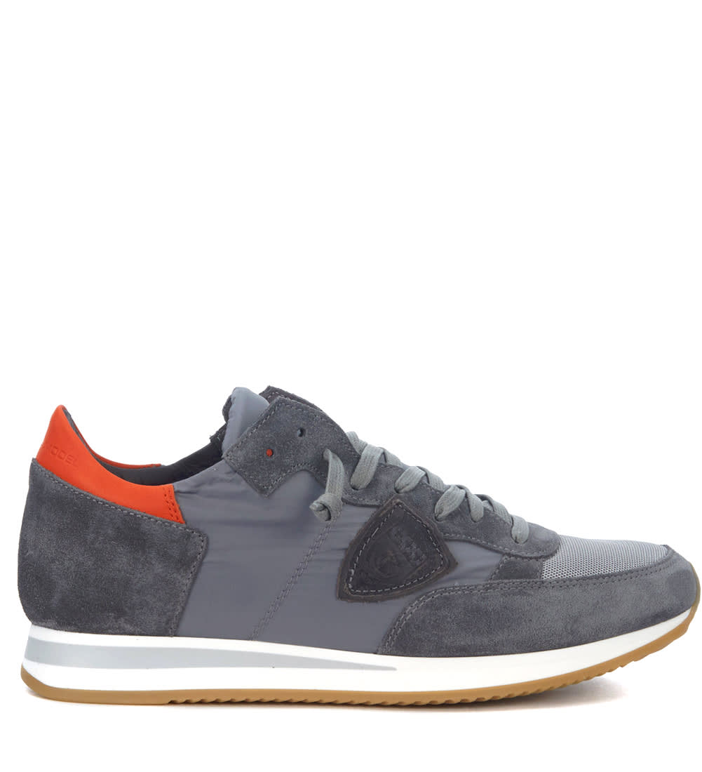 Click to view more detailed imagery on our partner's website Philippe Model Tropez Grey And Red Suede And Leather Sneaker In Grigio