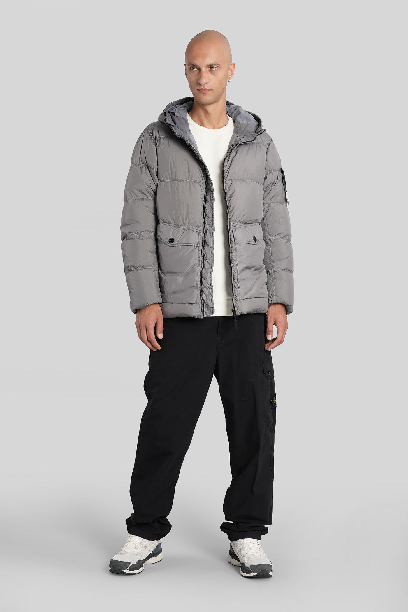 Stone Island Quilted Hooded Down Jacket With Front Pockets In Gray