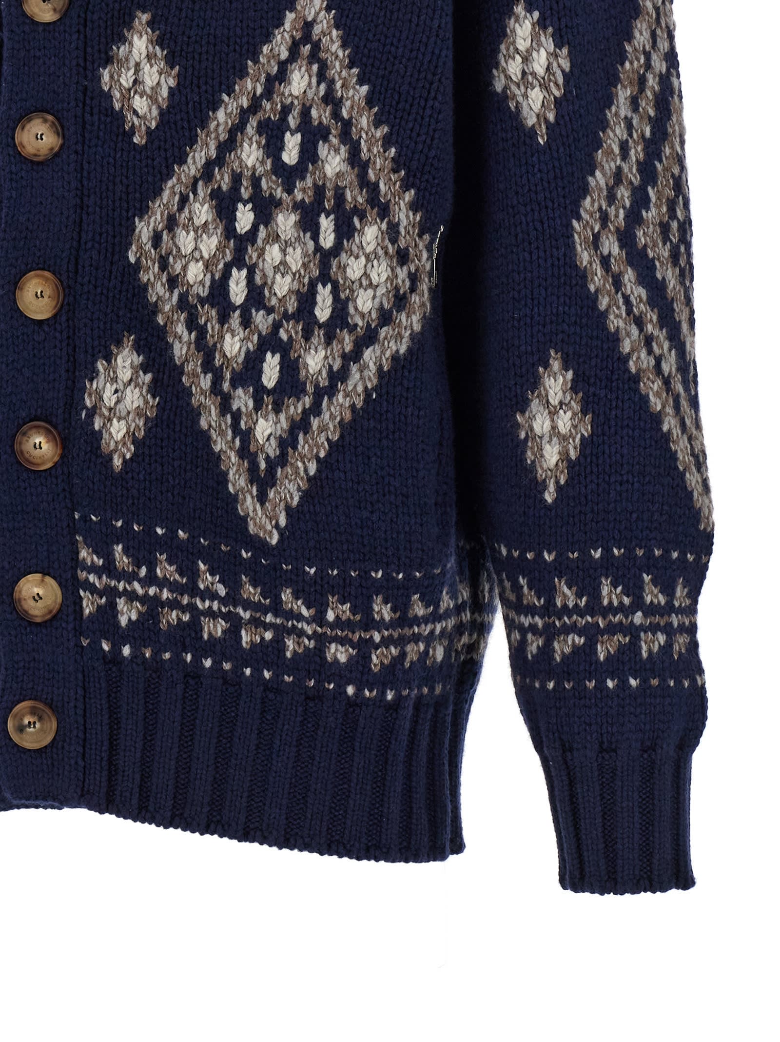 Shop Brunello Cucinelli Jacquard Cashmere Cardigan In Blue