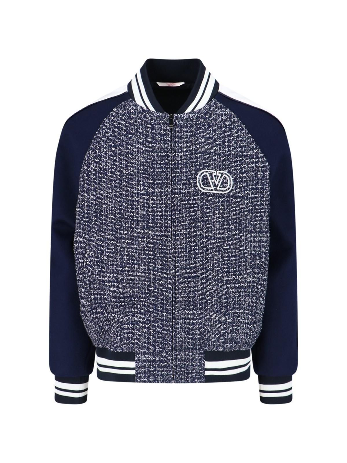 Shop Valentino Vlogo Signature Tweed Bomber Jacket In Blue