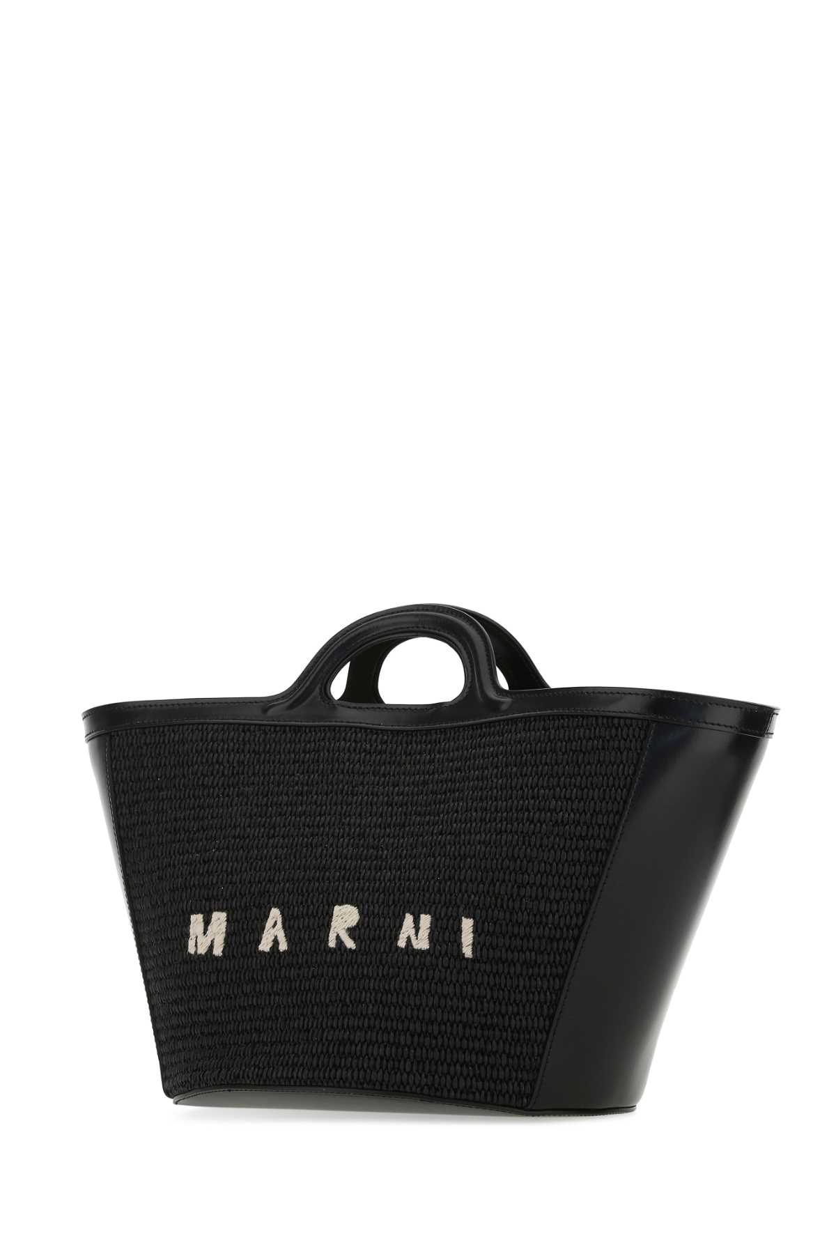 Shop Marni Black Leather And Raffia Small Tropicalia Summer Handbag In 00n99