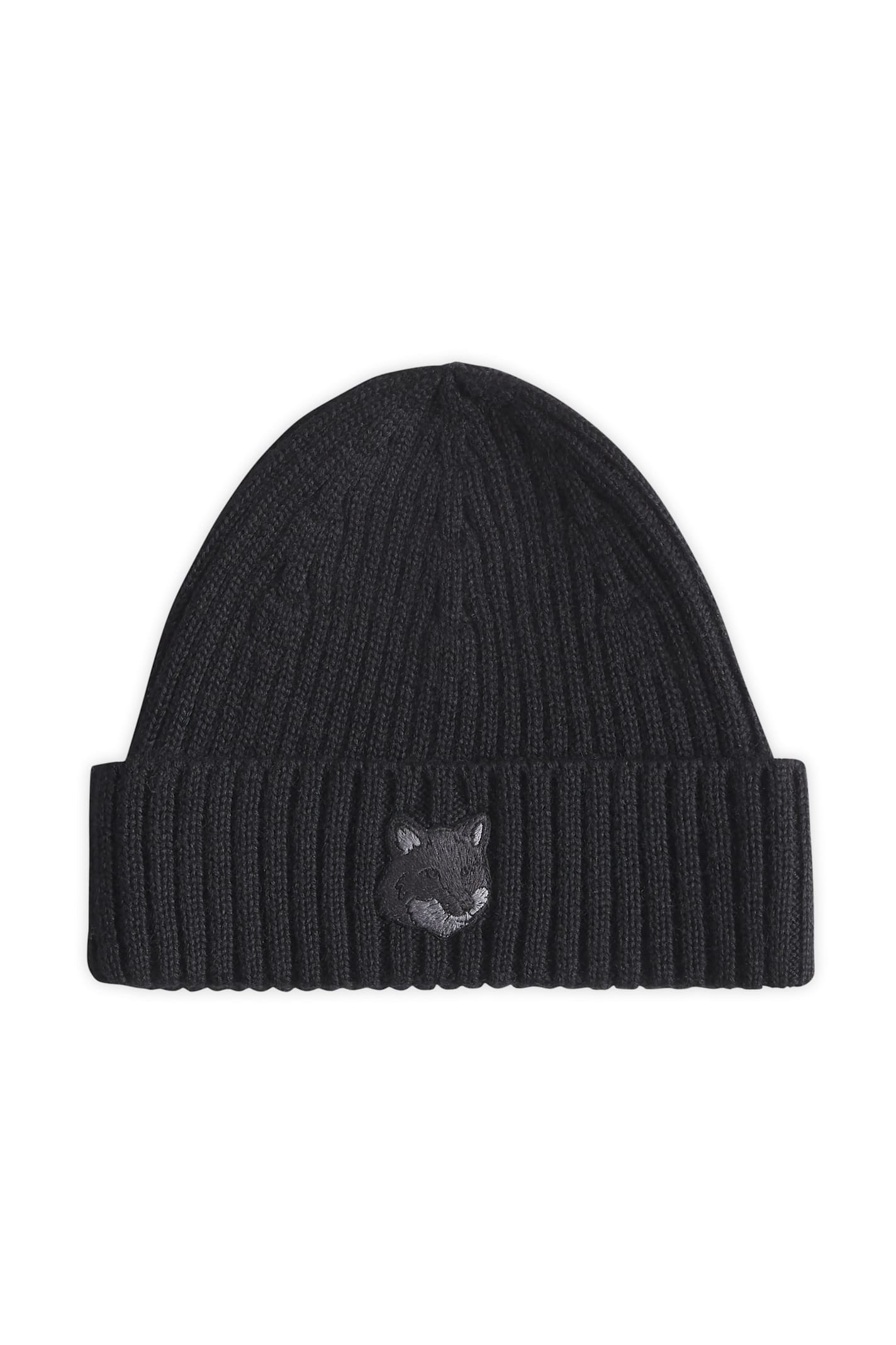 Maison Kitsuné Bold Fox Head Ribbed Beanie In Black