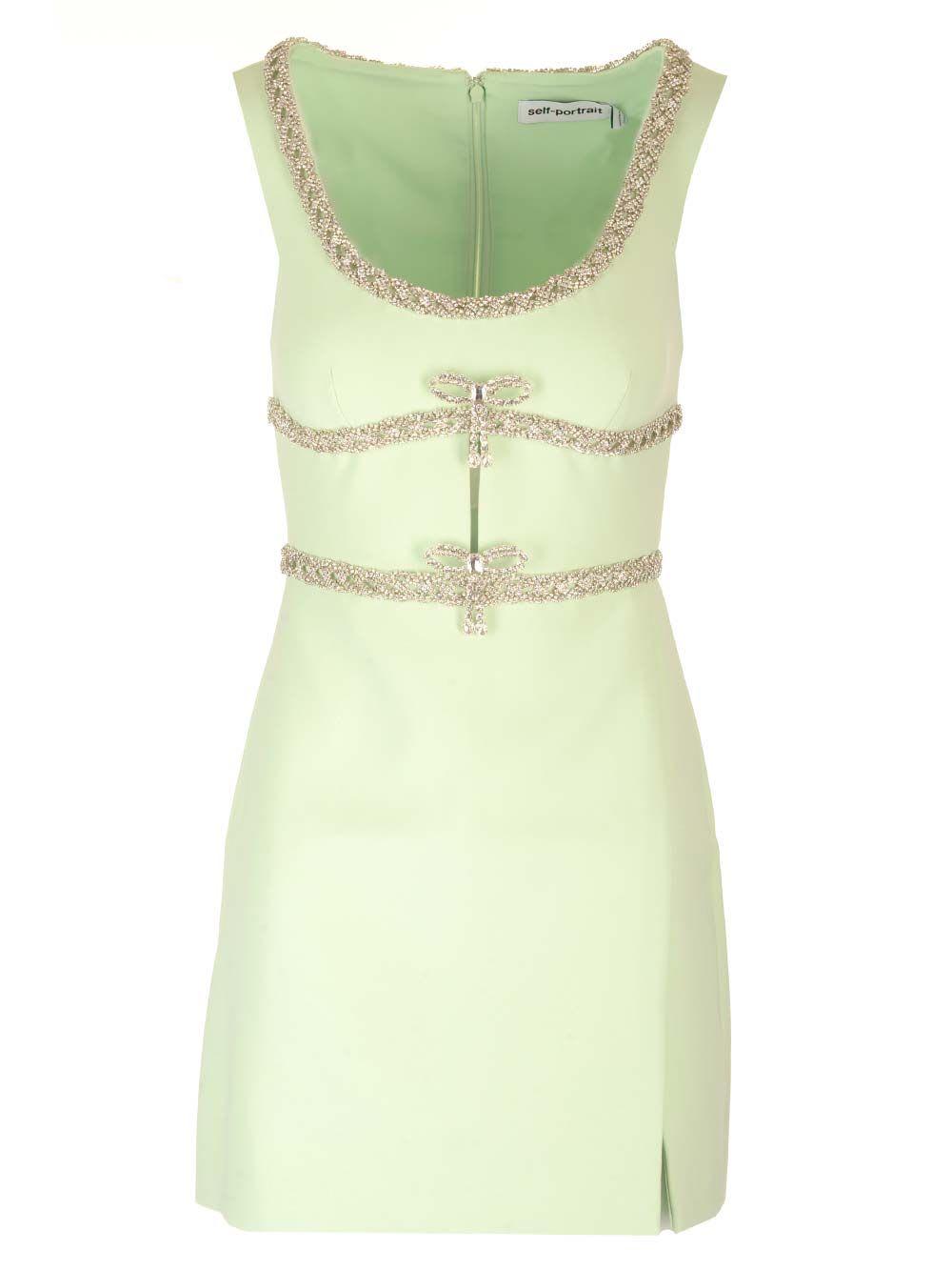 Shop Self-portrait Mini Dress With Diamond Bow In Green