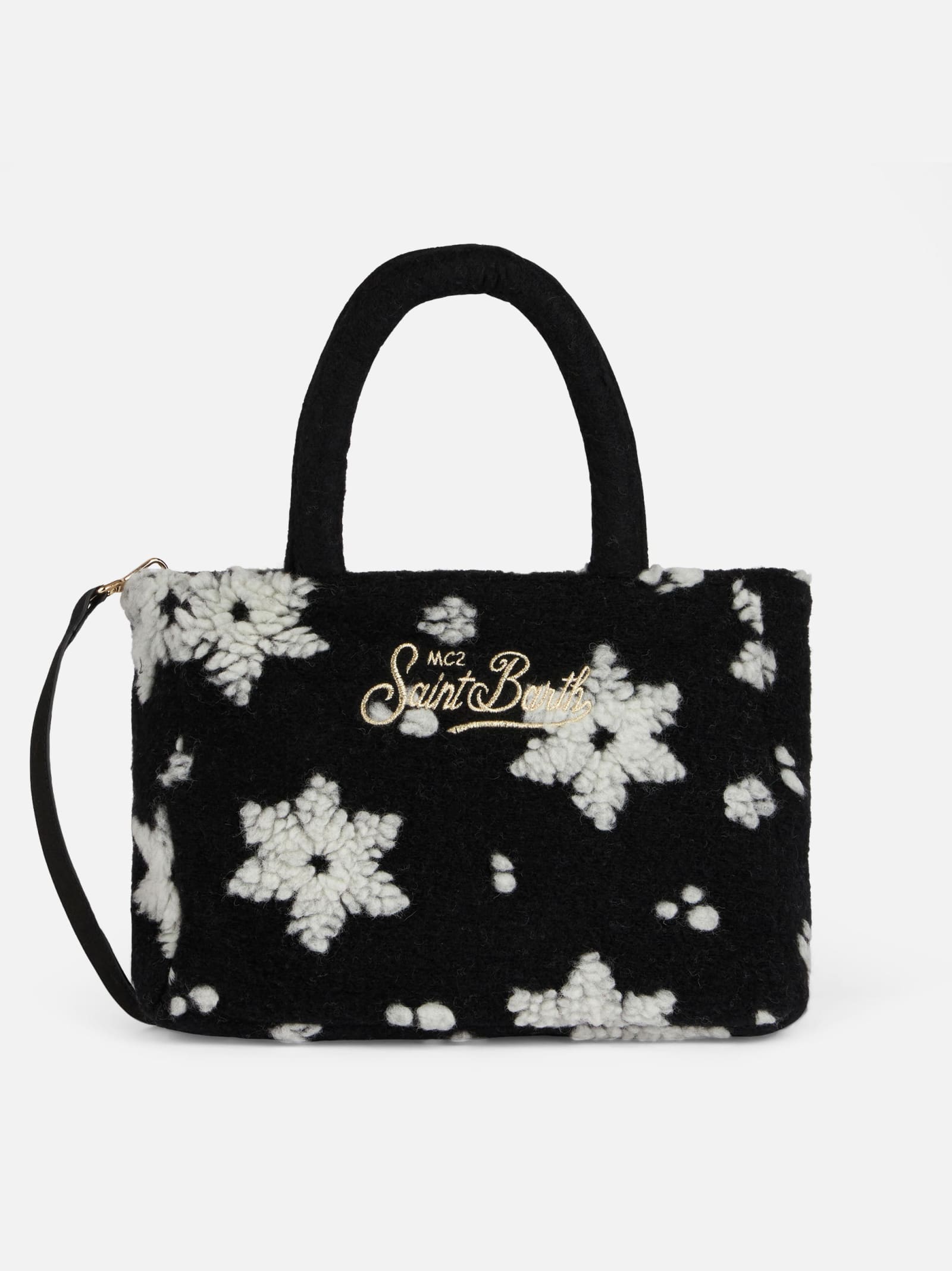 Mc2 Saint Barth Soft Wooly Clarine Handbag With Snowflake Jacquard Pattern In Black
