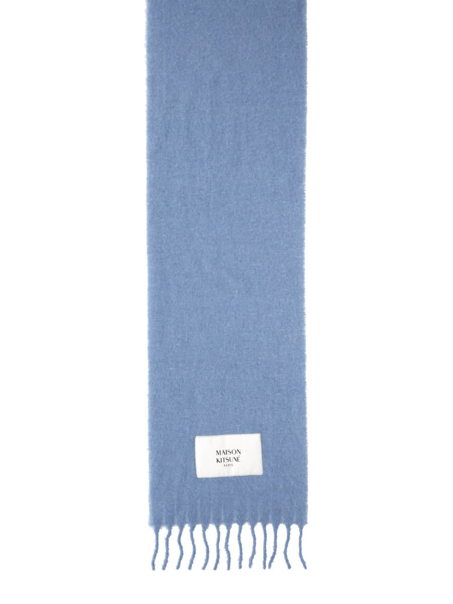 Maison Kitsuné Rectangular Scarf Fringed Edges In Blue
