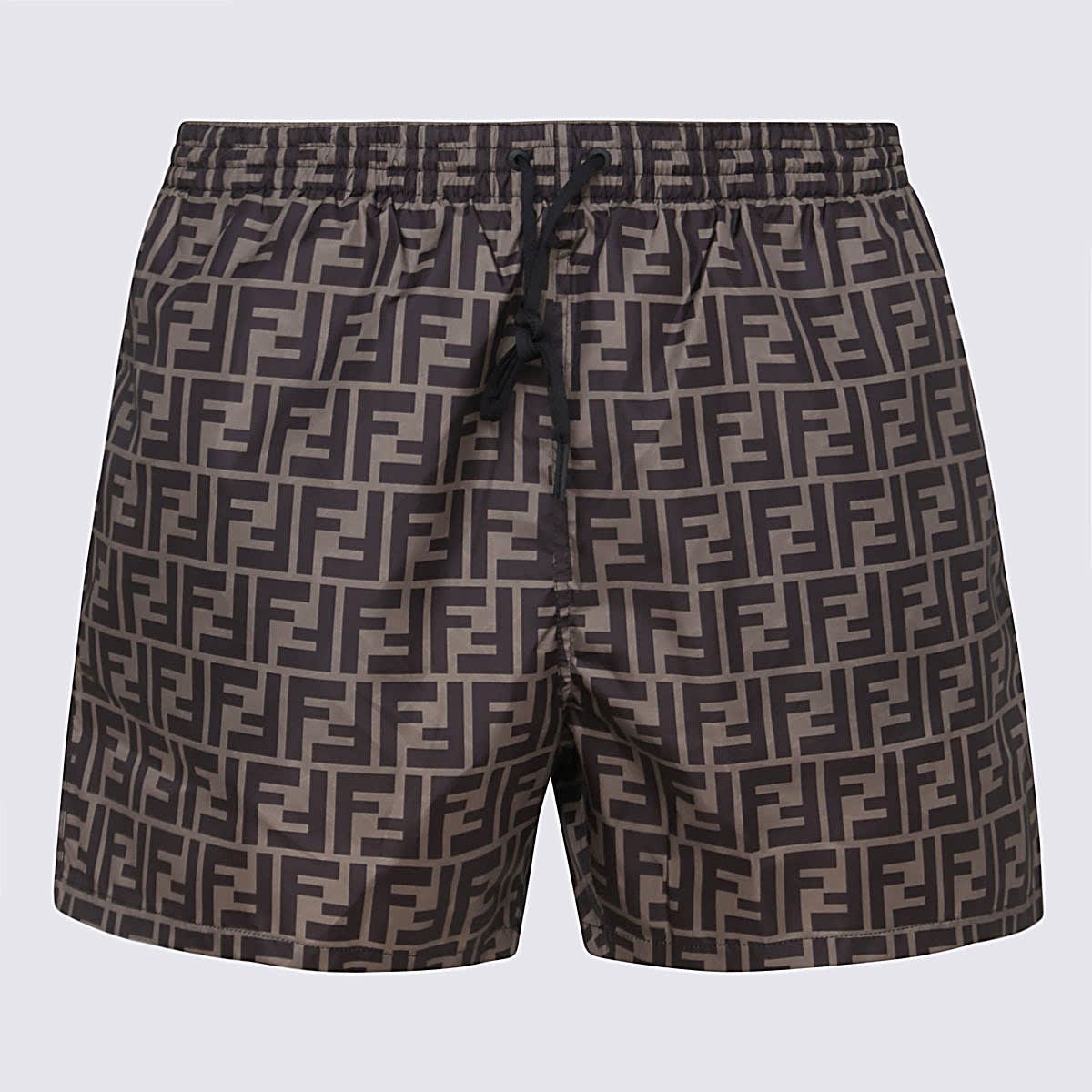 Fendi Tech Fabric With All-over Ff Pattern Swim Shorts In Brown