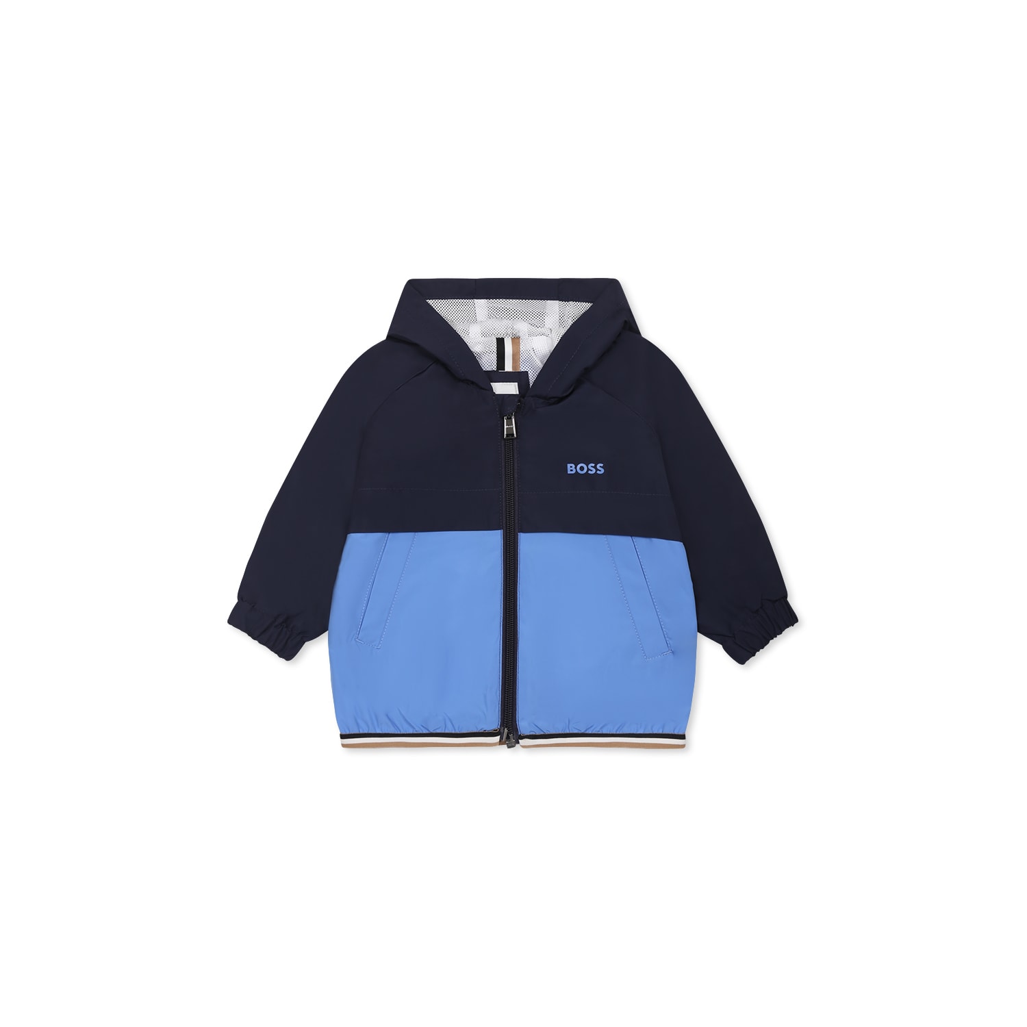 Hugo Boss Blue Windbreaker Jacket For Baby Boy With Logo In Multicolor
