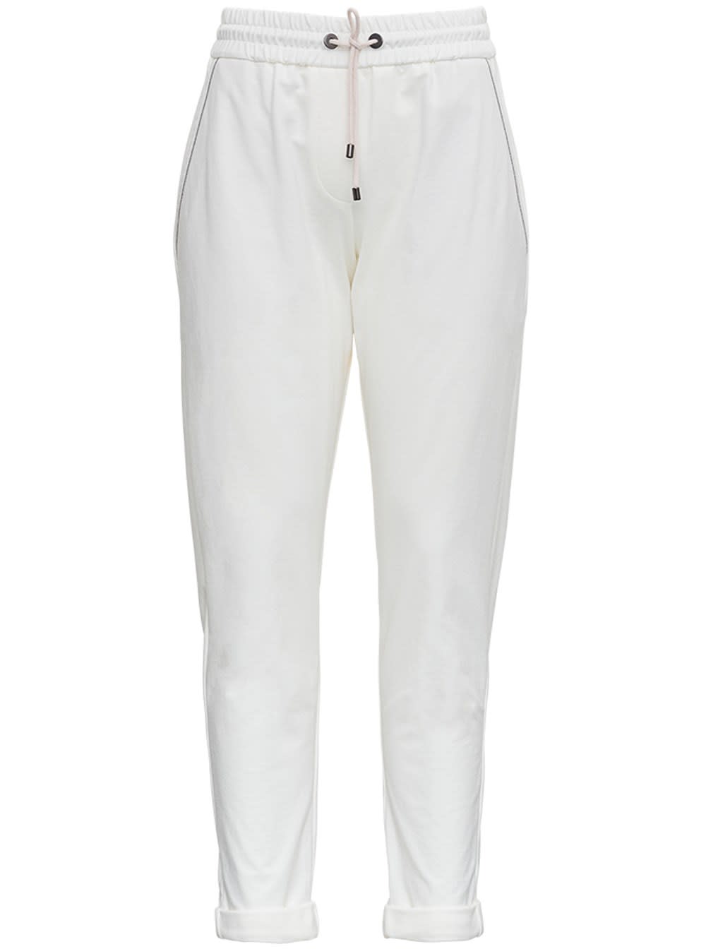 Brunello Cucinelli White Jersey Trousers With Monile Profiles