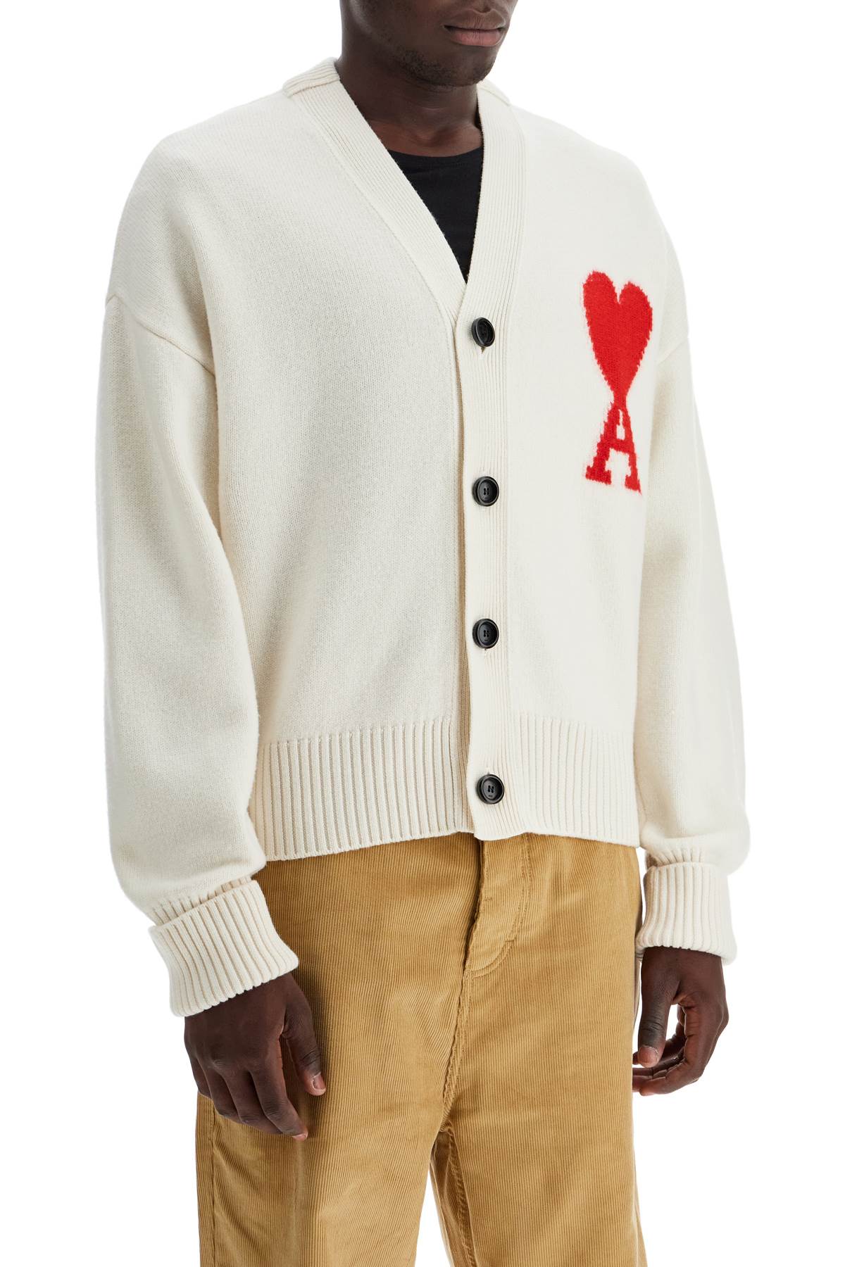 Shop Ami Alexandre Mattiussi Pure Virgin Wool Cardigan With Jacquard Logo In Ecru/rouge (white)