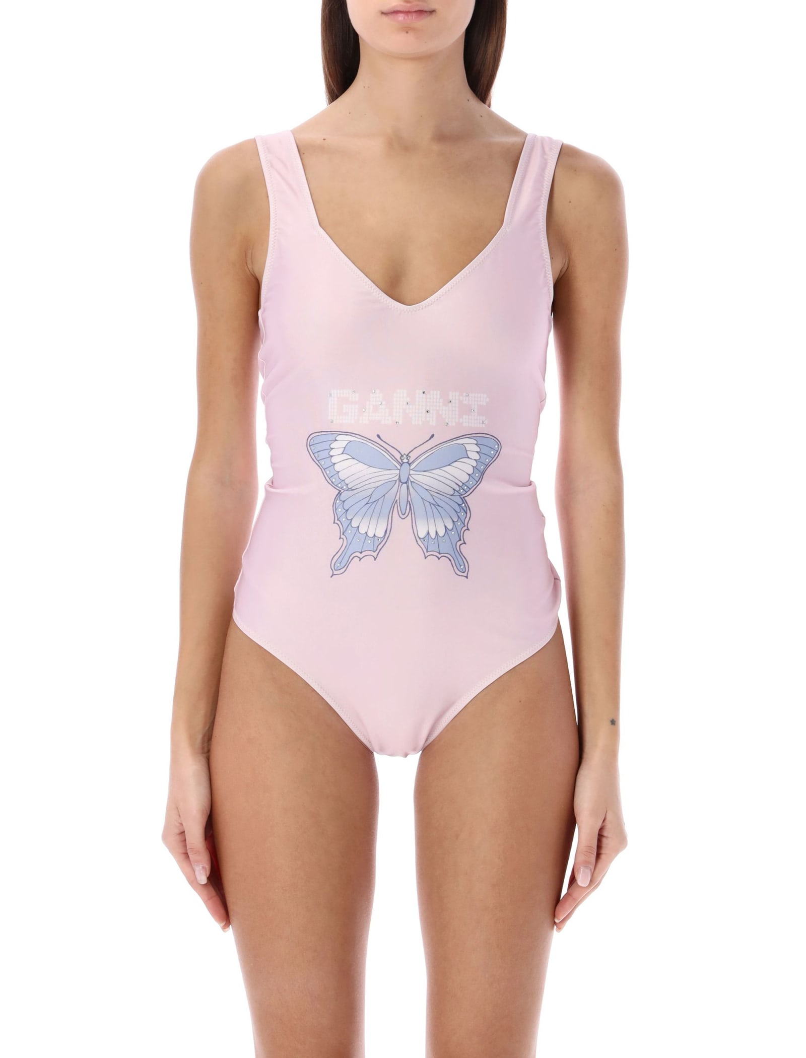 Ganni Graphic Deep Cut One Piece Swimsuit Light Lilac 38 In Lillac