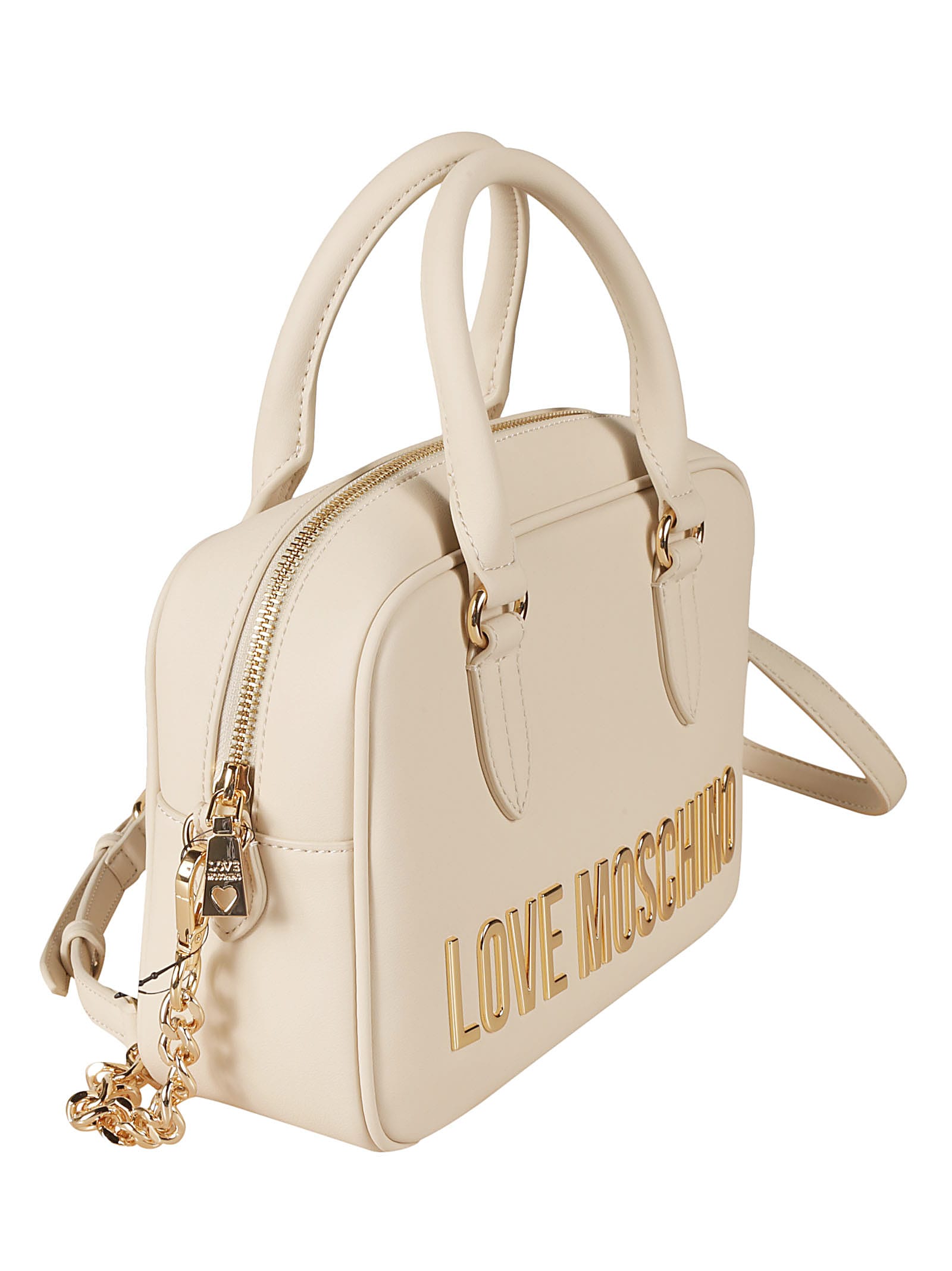 Shop Love Moschino Round Top Handle Logo Embossed Shoulder Bag In Avorio