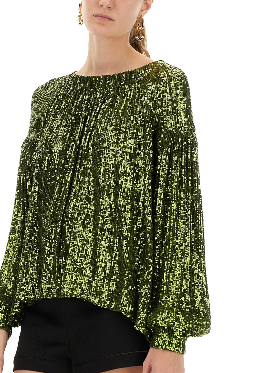 Rabanne Off-the-shoulder Sequin Embellished Top In Green