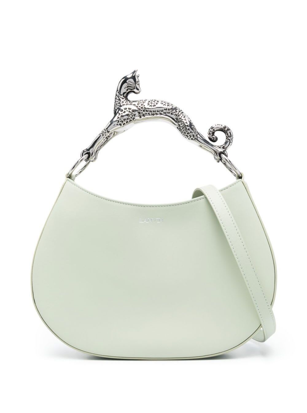 Light Green Hobo Cat Bag With Embellished Metal Handle In Leather Woman