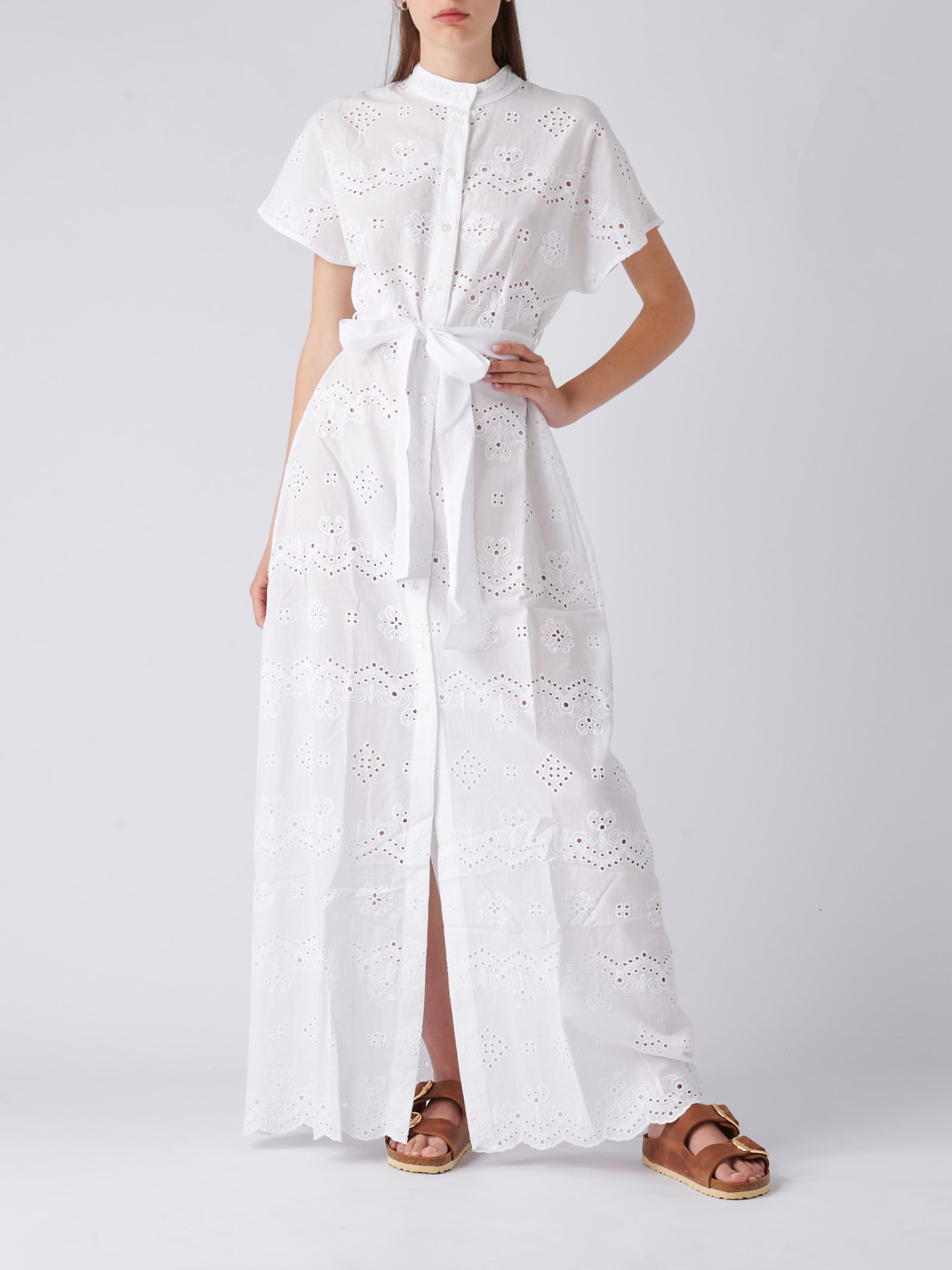 Mc2 Saint Barth Broderie-anglaise Long Dress In Bianco