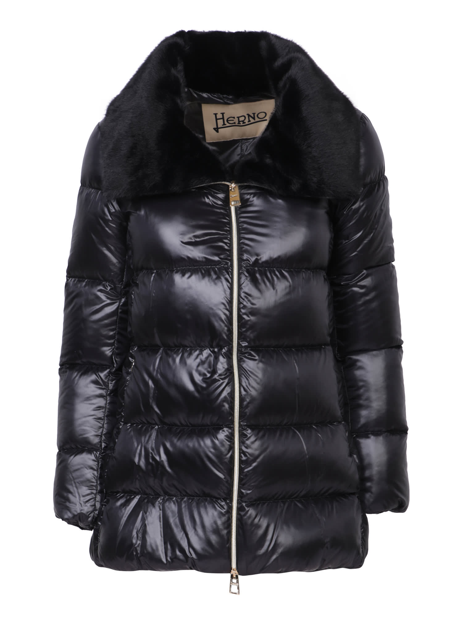 HERNO ASHAPE NYLON AND FUR BLACK COAT 