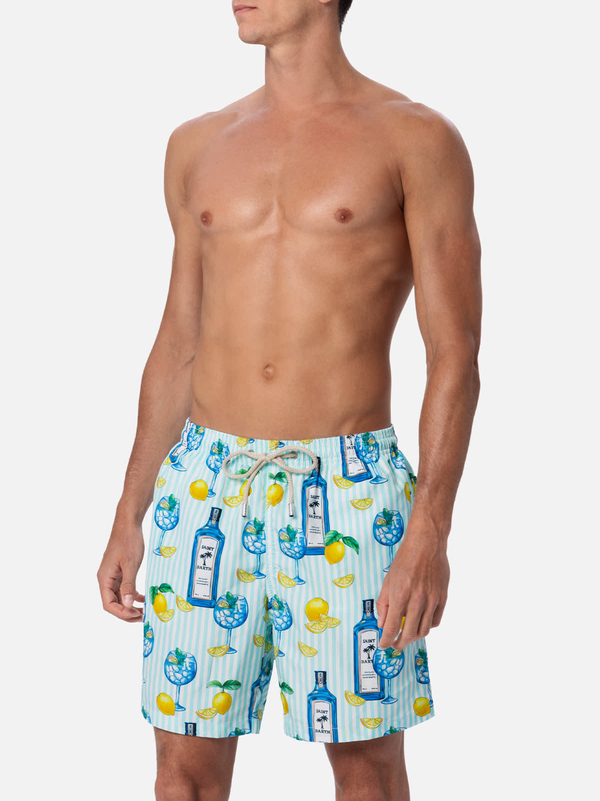 Mc2 Saint Barth Man Lightweight Fabric Swim-shorts Lighting With Gin Tonic Print In Green