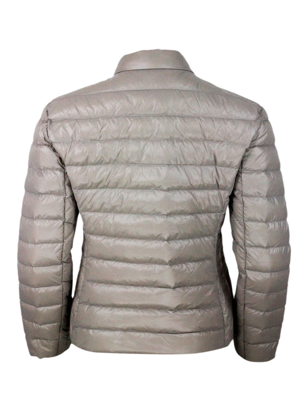 Shop Armani Collezioni Lightweight 100 Gram Slim Down Jacket With Integrated Concealed Hood And Zip Closure In Beige