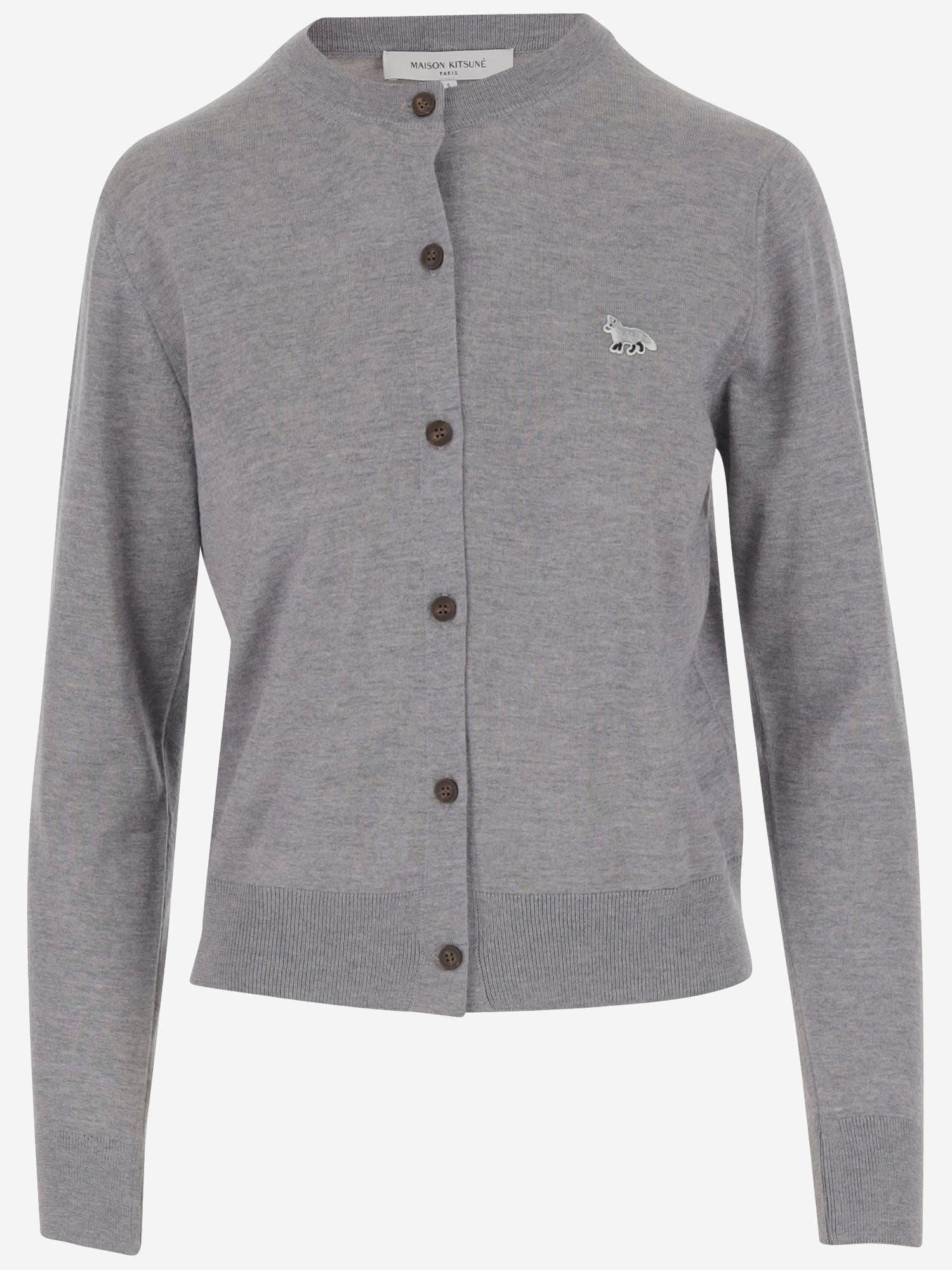 Shop Maison Kitsuné Wool Cardigan With Fox Patch In Grey