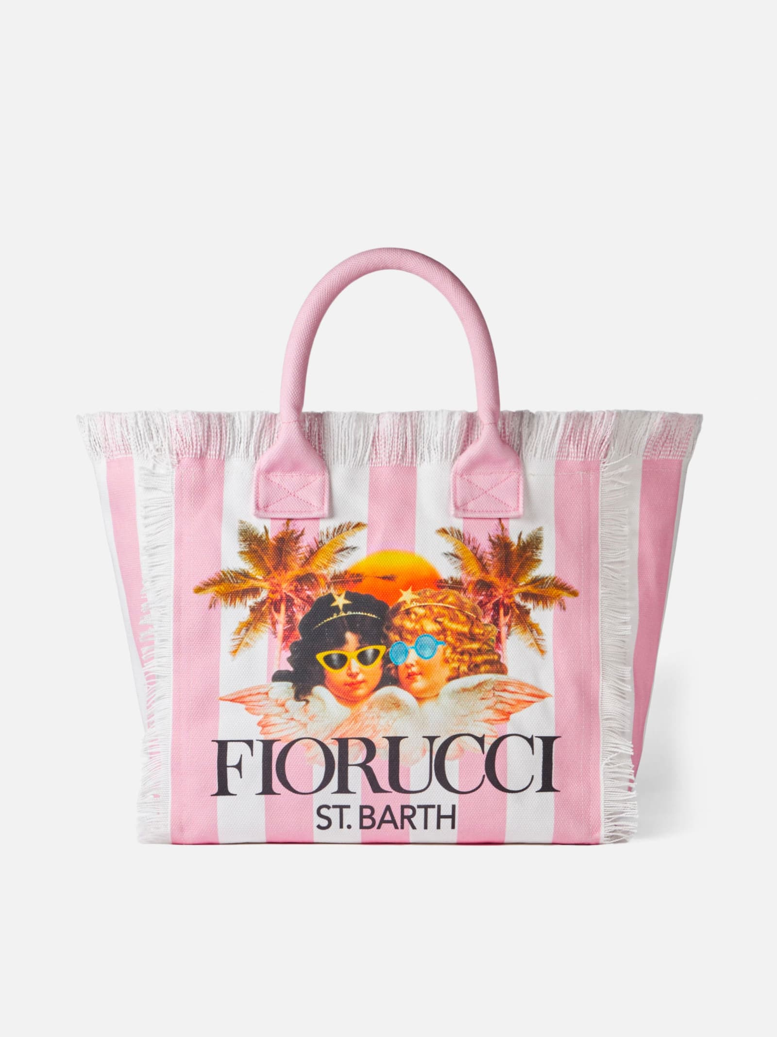 Mc2 Saint Barth Vanity Canvas Shoulder Bag With White And Pink Stripes And Fiorucci Angels Print Fiorucci Special Ed
