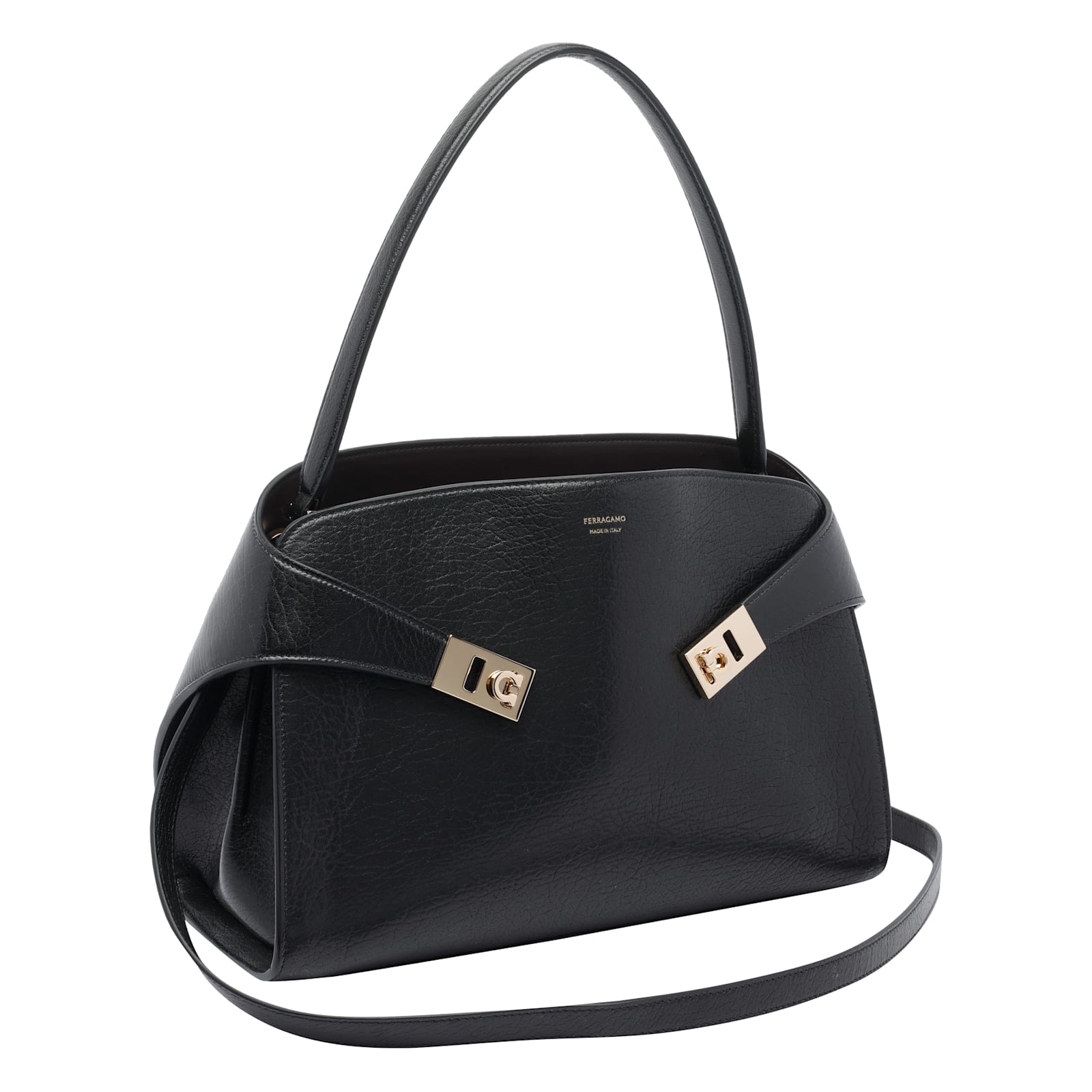 Ferragamo Leather Shoulder Bag Adaptable Strap In Black