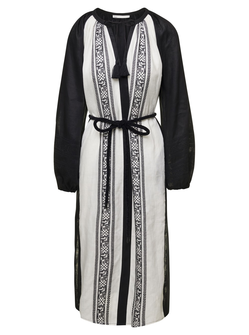 Black And White Embroidered Caftan With Tie And Tassels In Linen Woman Tory Burch