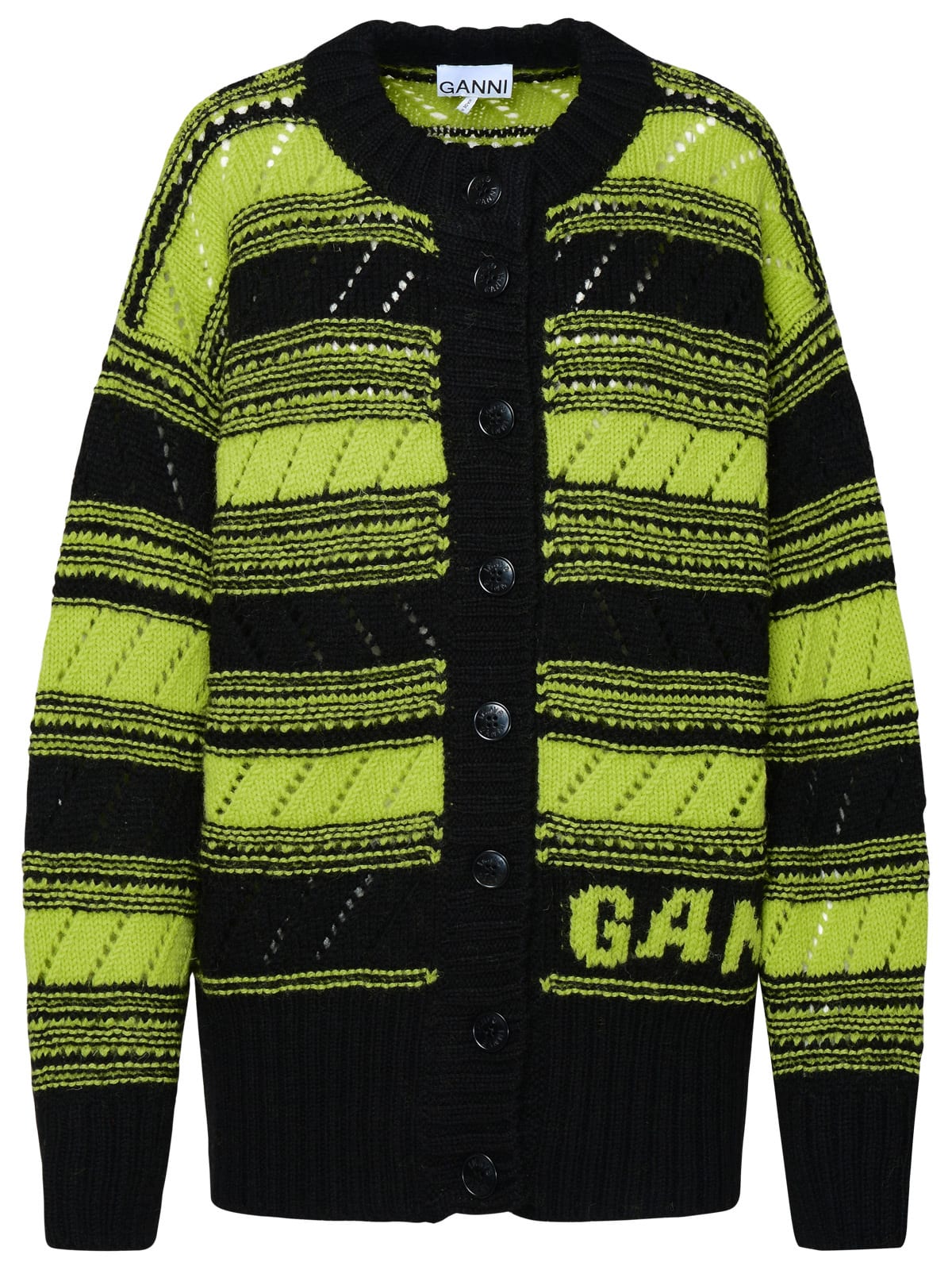 Shop Ganni Yellow And Black Wool Cardigan