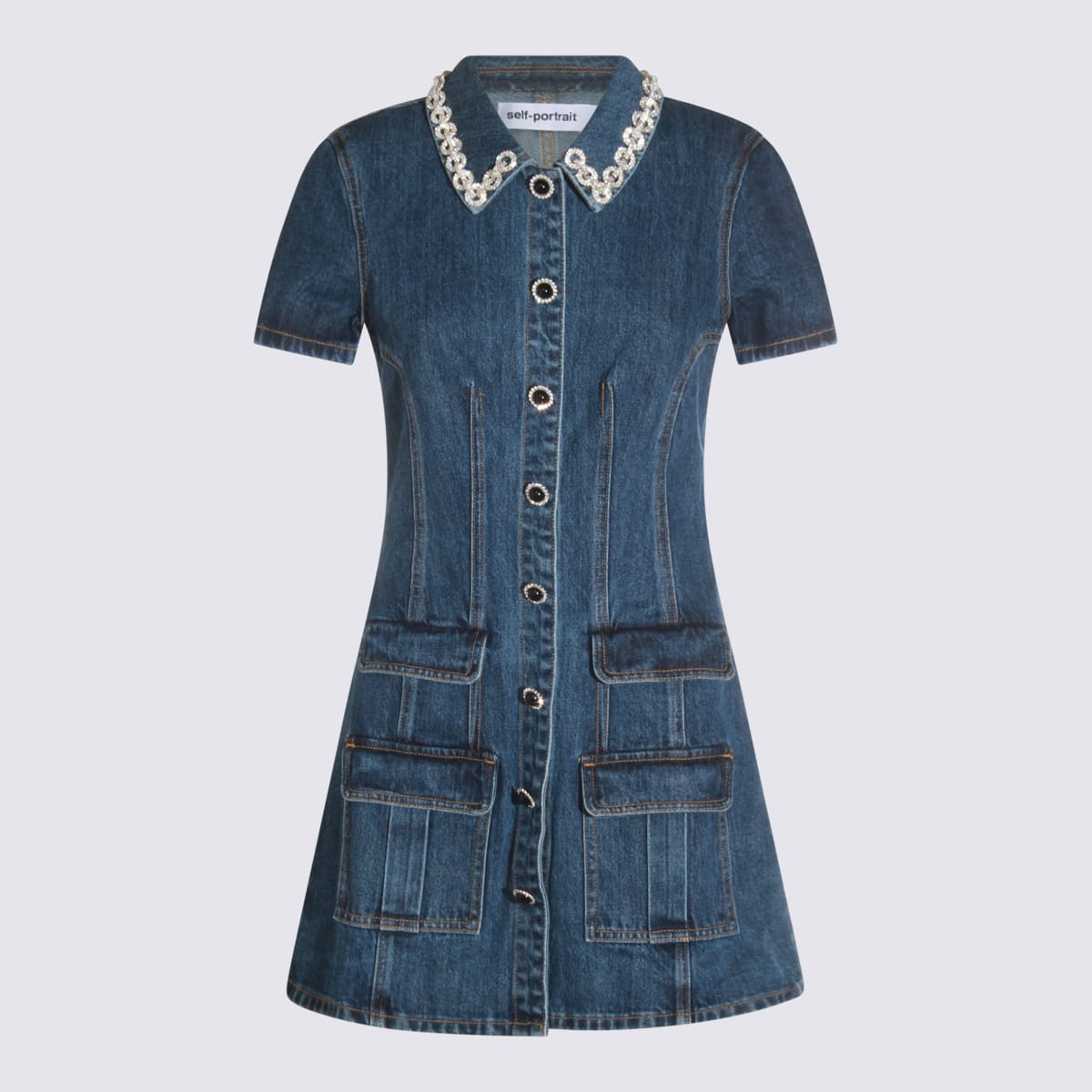 Self-portrait Denim Crystal Trim Collared Mini Dress In Blue