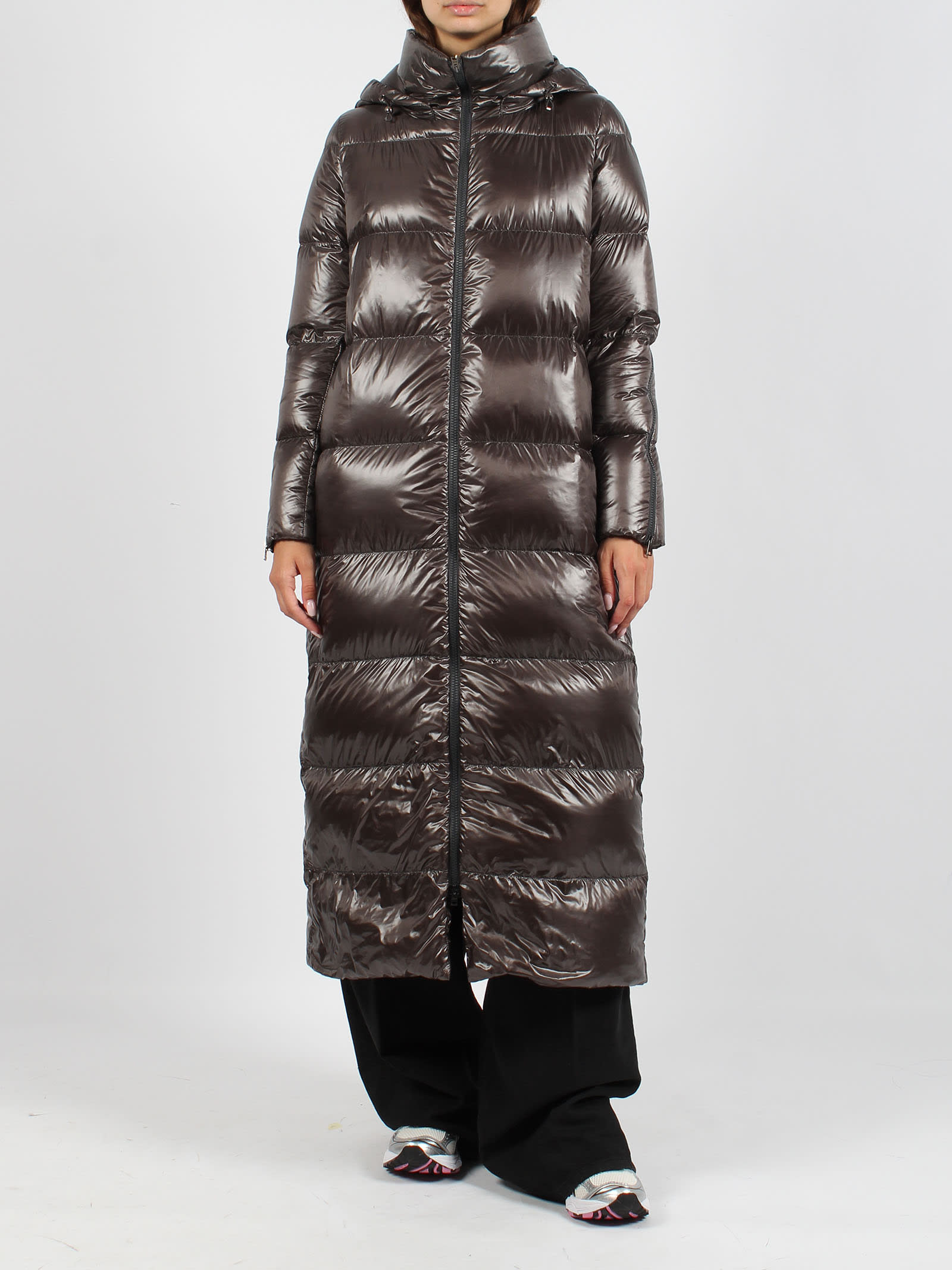 Shop Herno Nylon Long Down Jacket In Brown