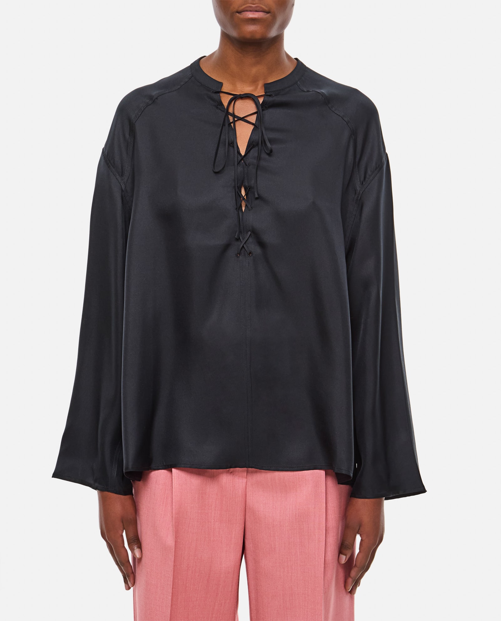 Shop Loulou Studio Flared Long Sleeve Blouse In Black