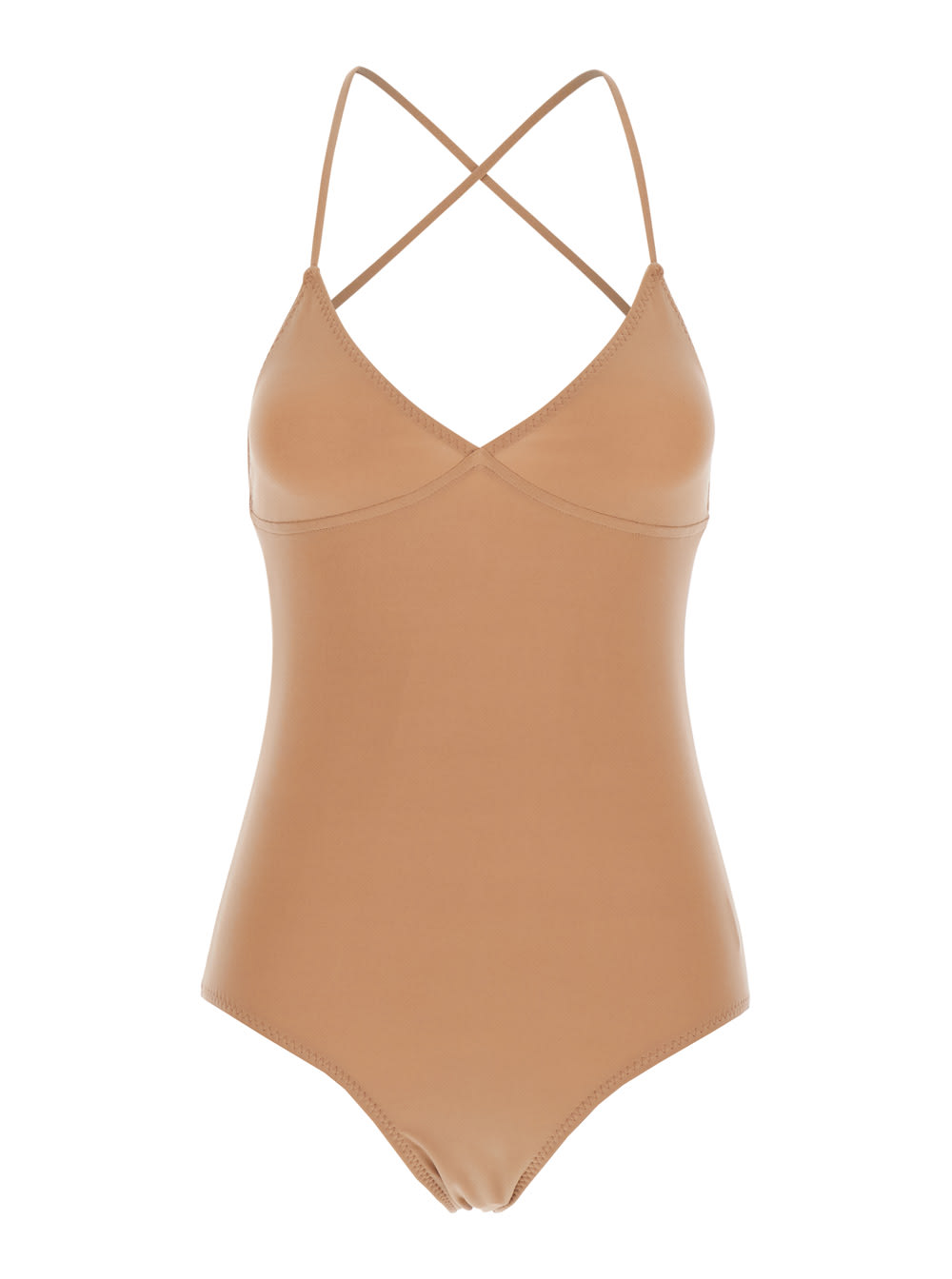 Shop Norma Kamali Slip Mio Beige Top With V-neck And Crossed Straps In Tech Fabric Woman In Brown