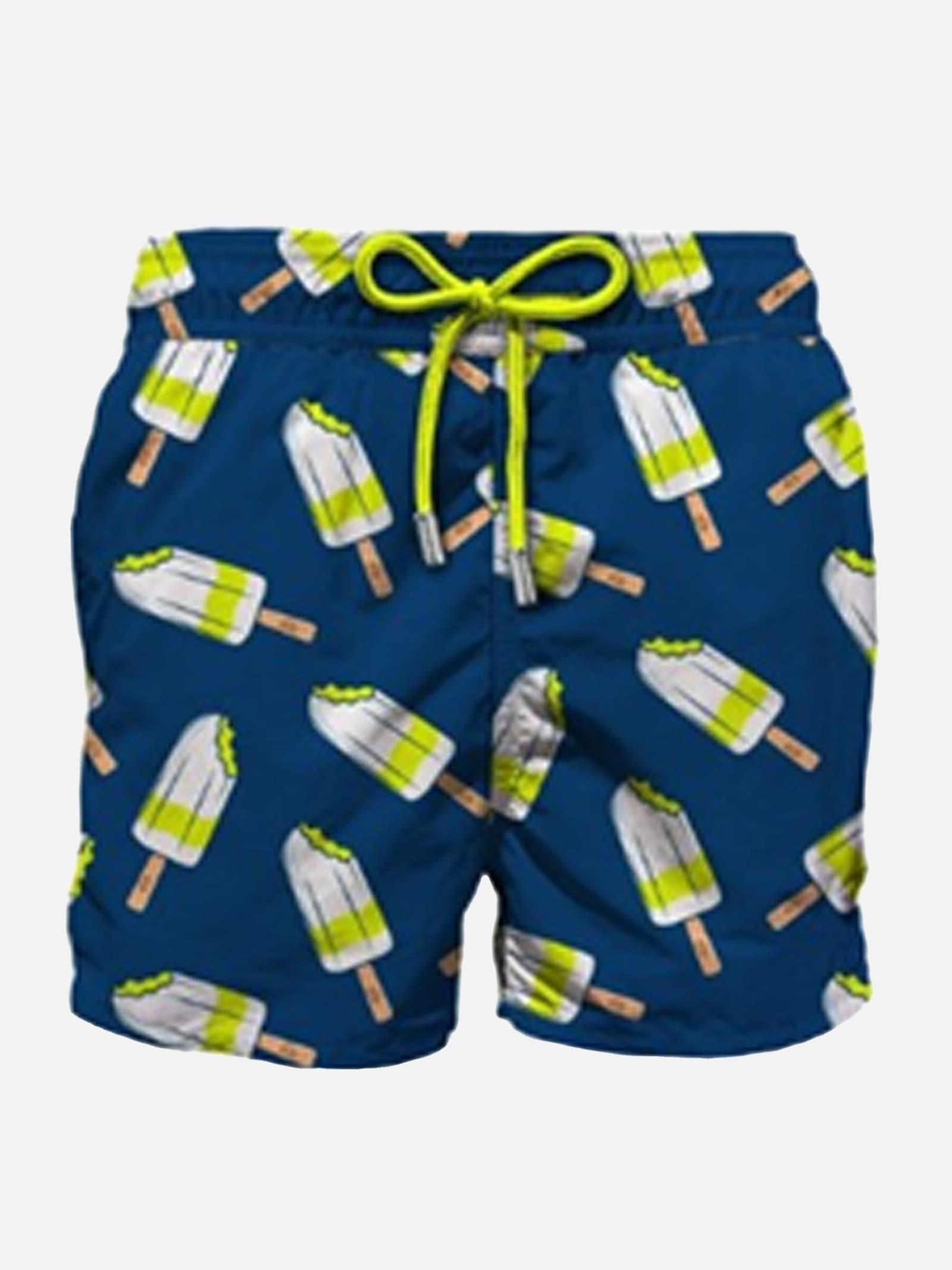Mc2 Saint Barth Man Mid-length Gustavia Swim-shorts With Lemonissimo Print Algida Special Edition In Blue