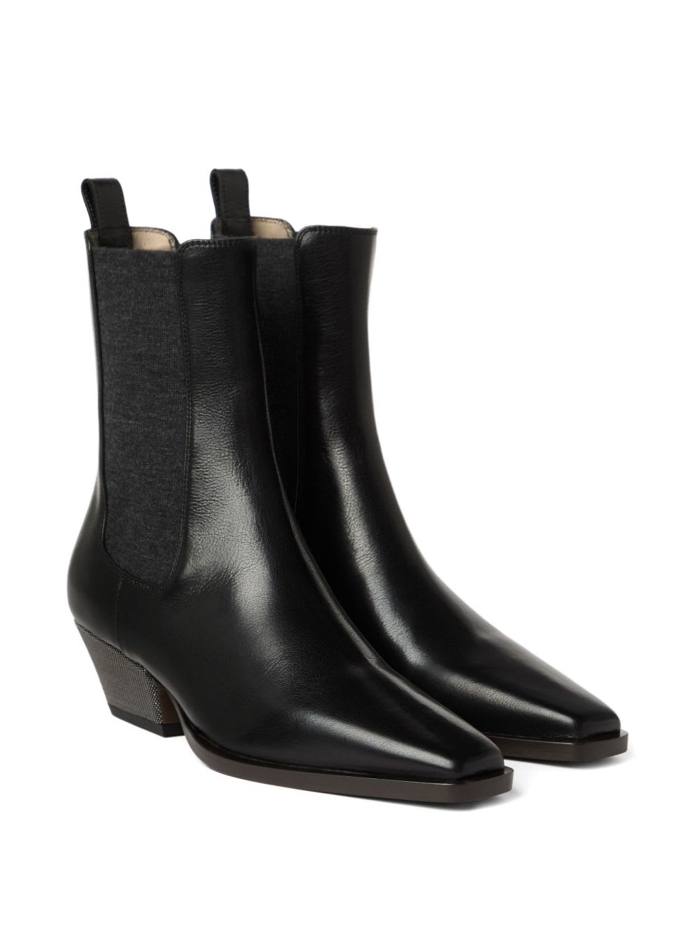 Brunello Cucinelli Leather Ankle Boots Cuban Heel In Black