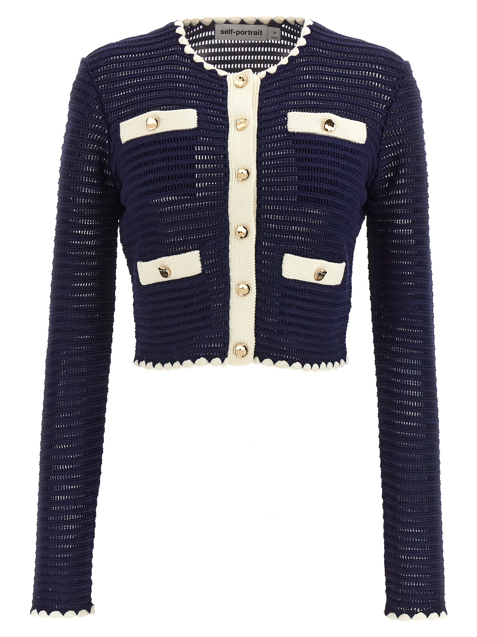 Shop Self-portrait Navy Crochet Contrast Trim Cardigan In Blue