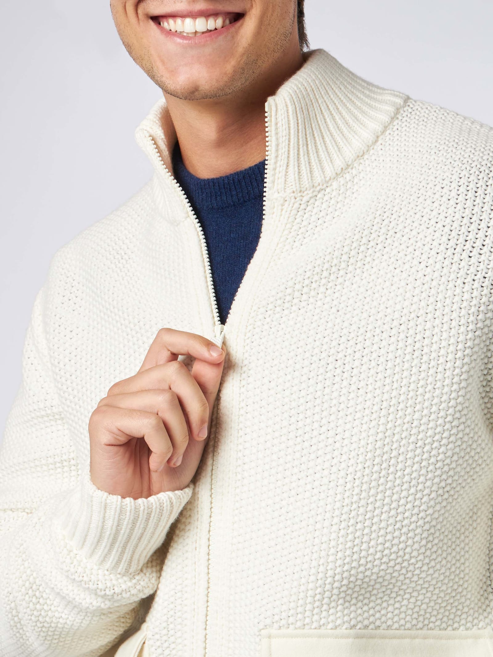 Mc2 Saint Barth Man Knitted Bomber With Felt Pockets In White