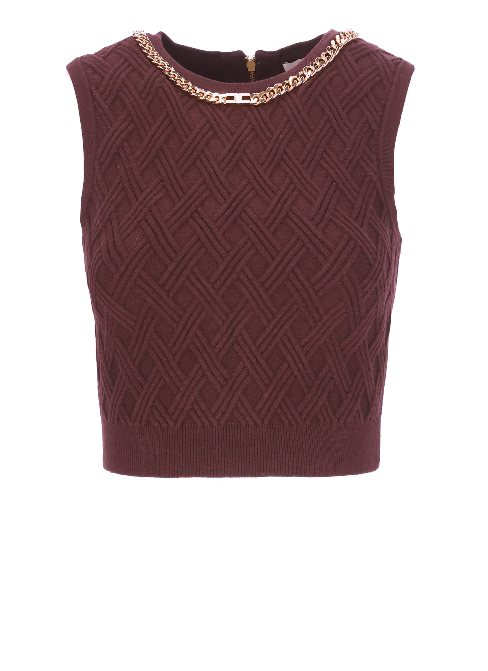 Elisabetta Franchi Cropped Sleeveless Sweater Gold Chain Detail In Burgundy