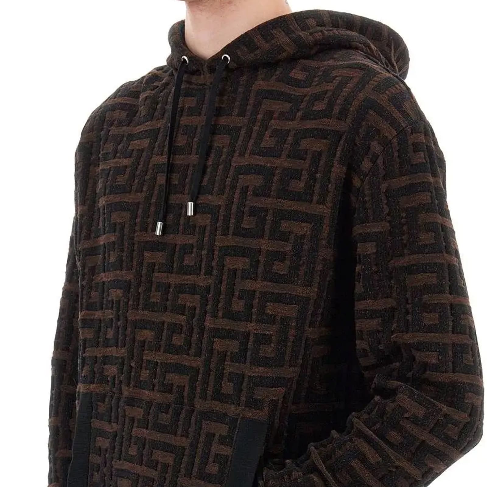 Shop Balmain Hooded Monogram Sweatshirt In Brown