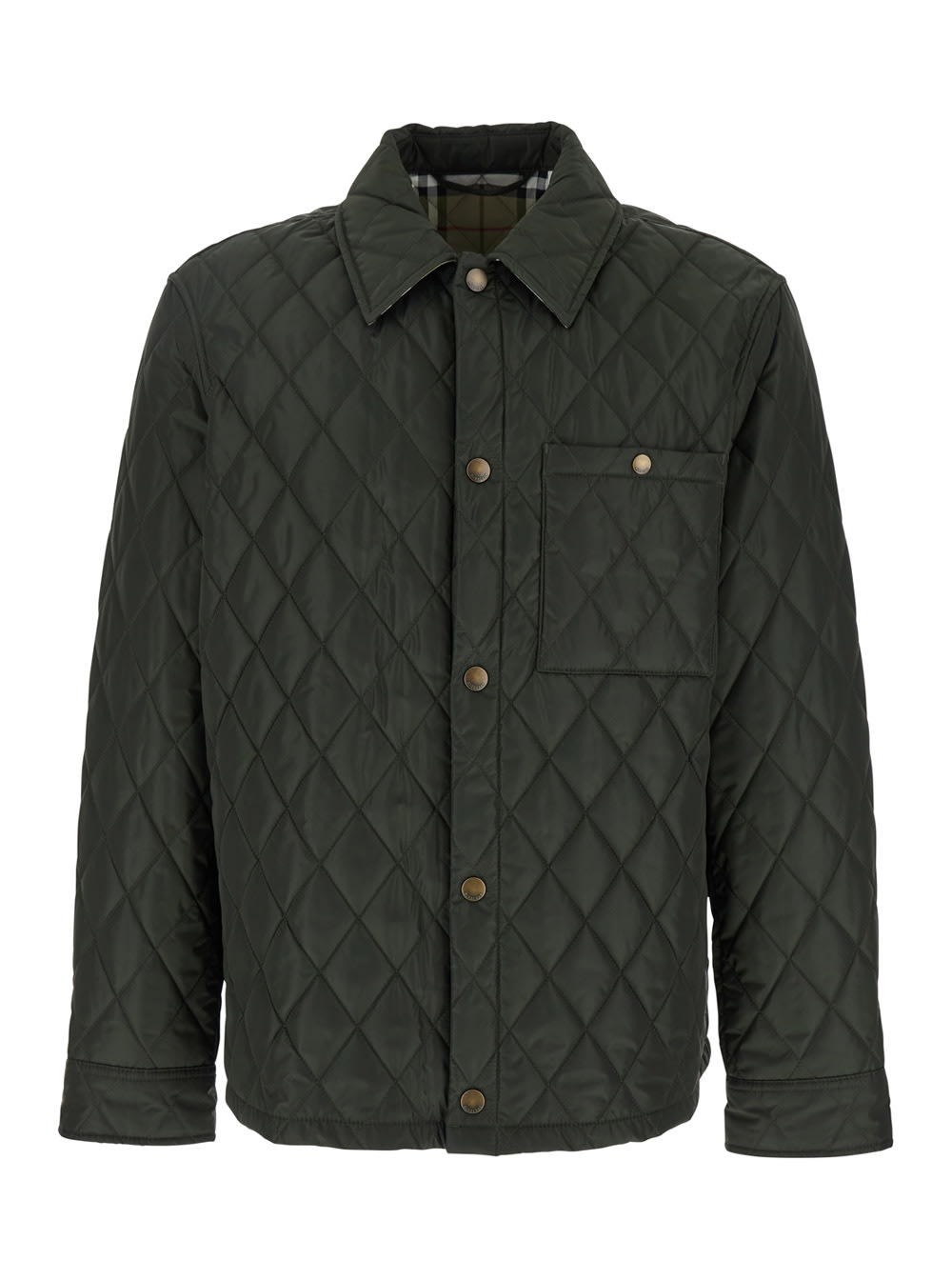 Shop Burberry Green Quilted Jacket With Classic Collar In Tech Fabric Man