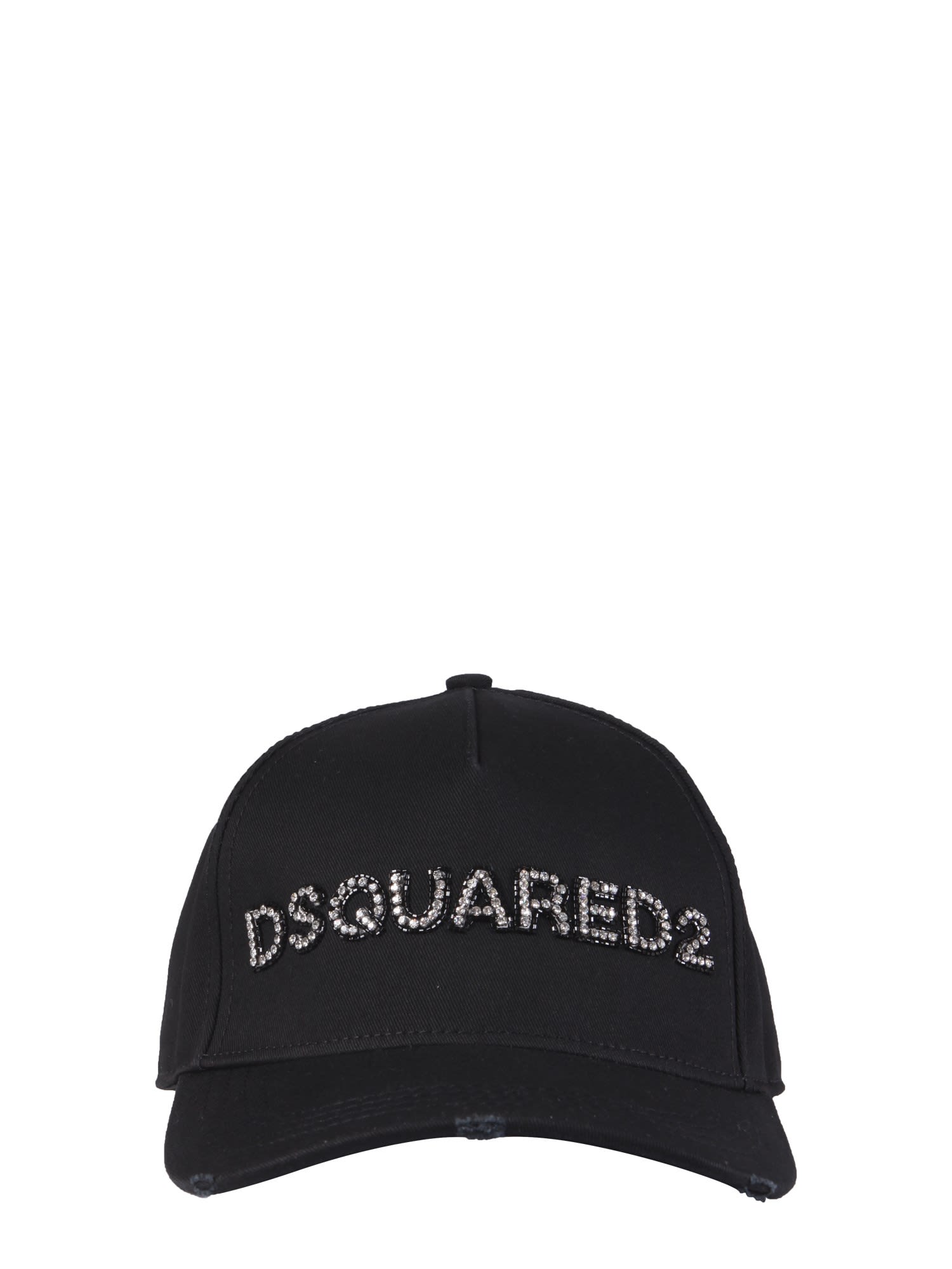 Dsquared2 Solid Color Cap With Rhinestone Embellished Logo In Nero