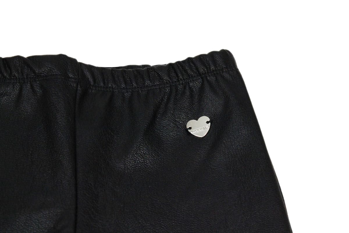 Monnalisa Leggings Trousers In Super Stretch Eco-leather With Applied Metal Heart In Black