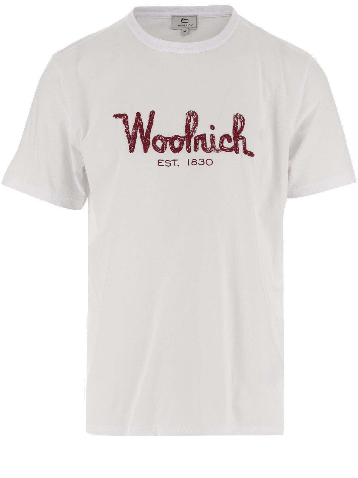 Shop Woolrich Logo Embroidered Crewneck T-shirt In Bianco